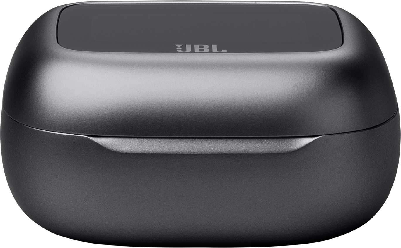 Ein geschlossenes, dunkelgraues JBL-Ohrhörer-Ladeetui mit dem JBL-Logo oben.