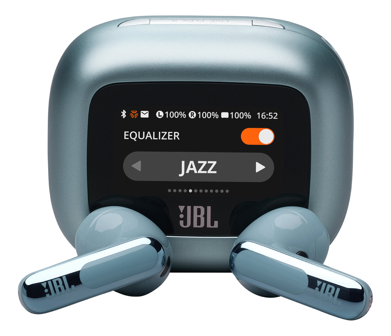 Écouteurs JBL bleus et étui de chargement affichant les infos de la chanson et les réglages de l'égaliseur.