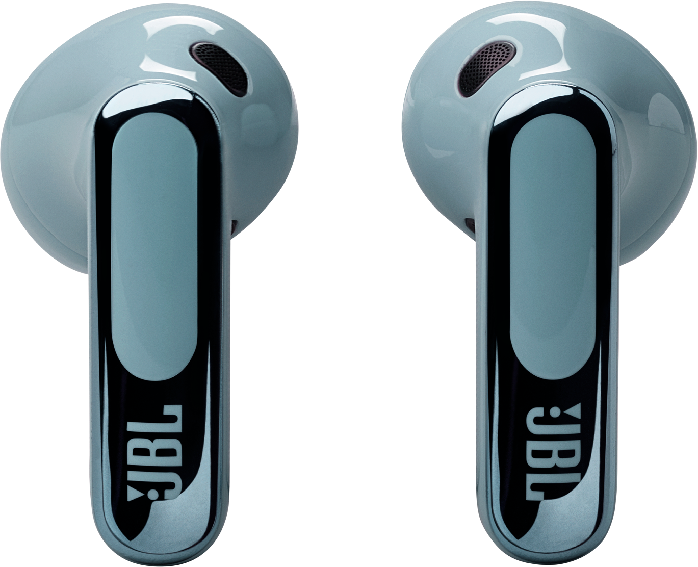Deux écouteurs sans fil JBL bleus. Le logo est visible sur la tige de chaque écouteur.