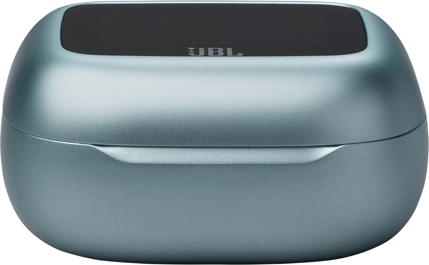 Un étui de chargement JBL sarcelle, fermé, avec le logo JBL visible.