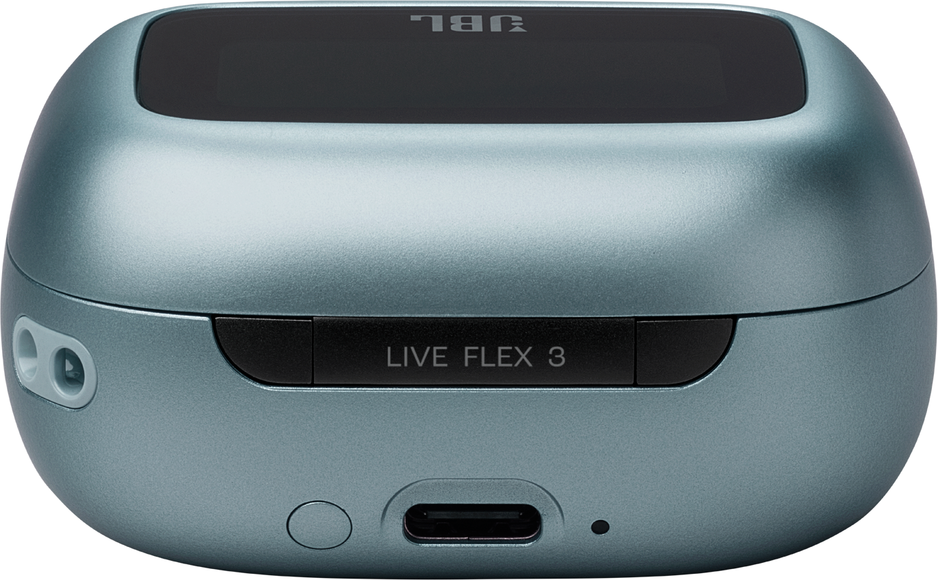 Étui de chargement bleu JBL Live Flex 3. Le mot "LIVE FLEX 3" est visible.