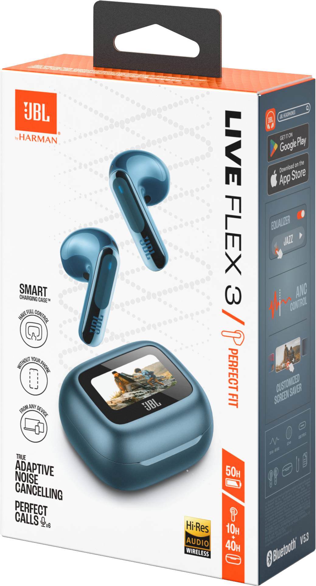 Une boîte d'écouteurs JBL Live Flex 3 bleus avec étui de chargement et de nombreuses fonctions.