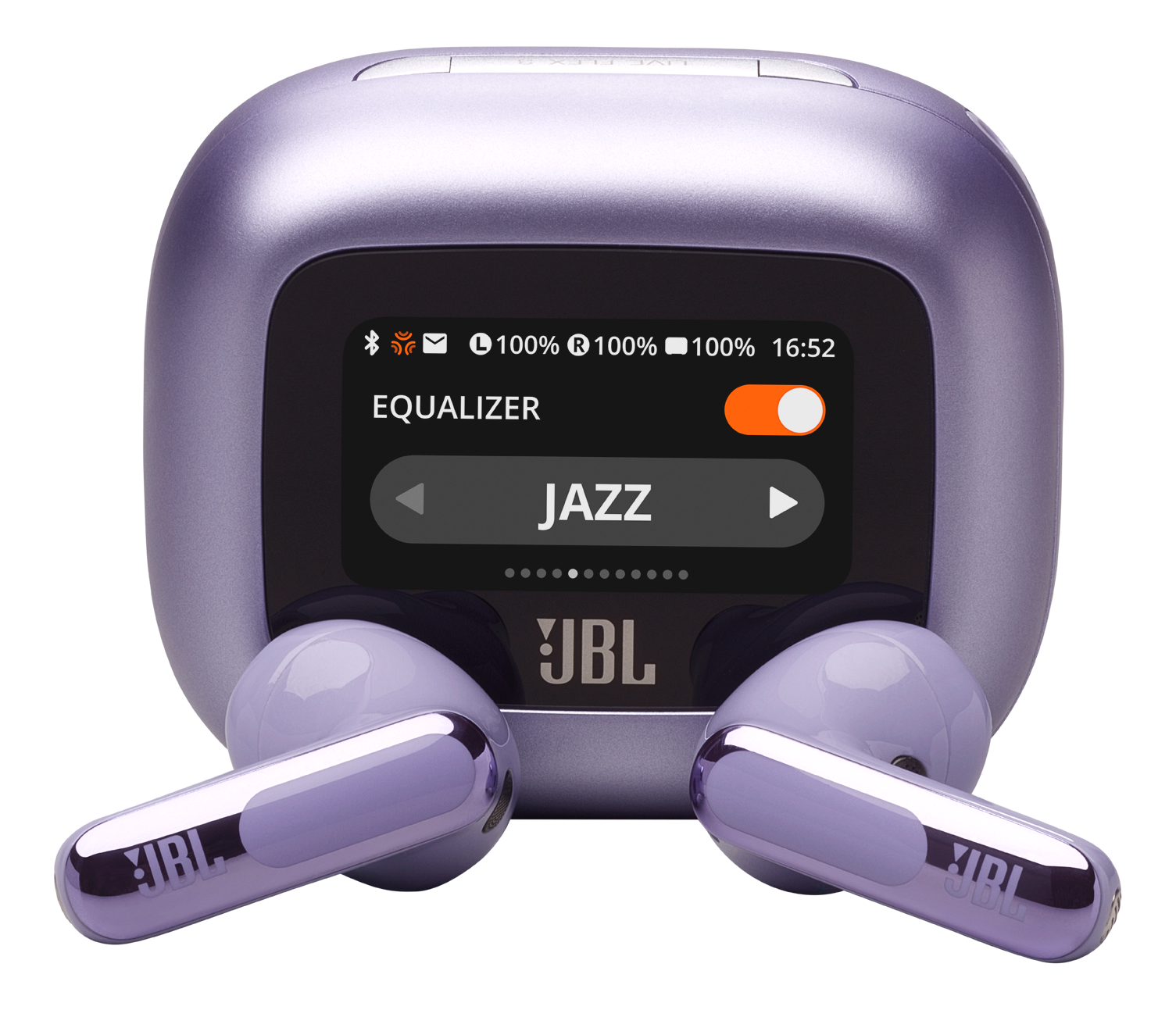 Écouteurs JBL violets avec un étui affichant l'égaliseur 'Jazz'.
