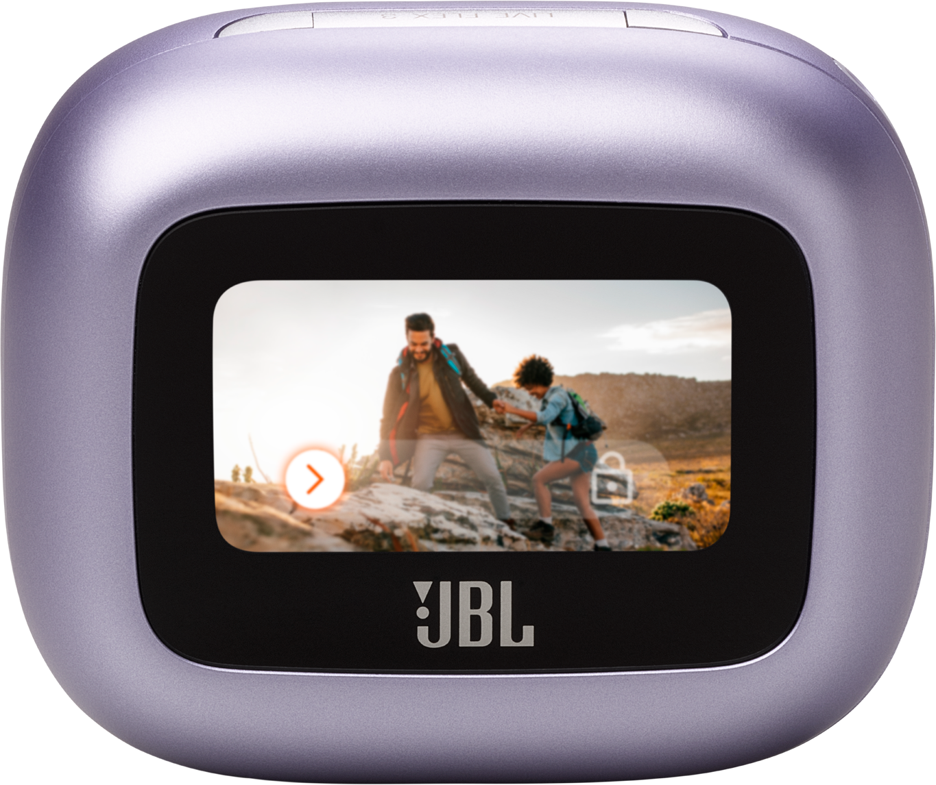 Une caméra JBL violette avec un écran affichant deux personnes faisant de la randonnée sur un sentier de montagne.