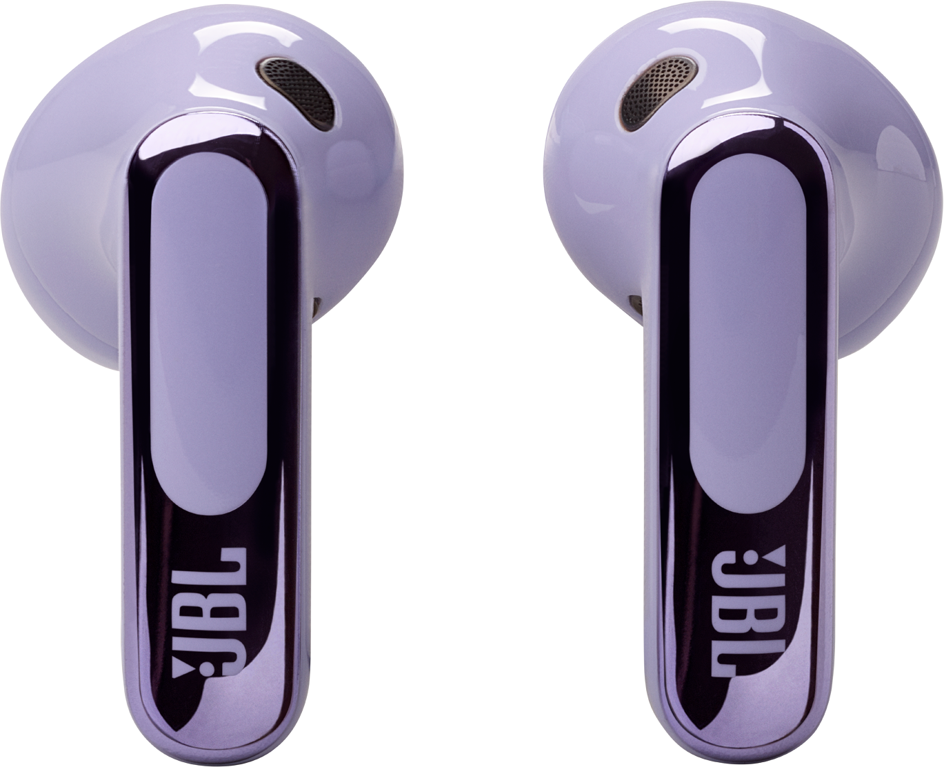 Deux écouteurs sans fil violets. Le logo JBL est visible sur les tiges.