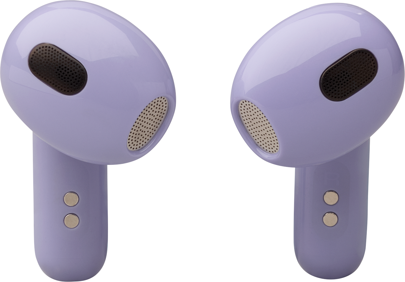 Deux écouteurs sans fil violets clairs, isolés sur fond noir, montrant les ouvertures du haut-parleur et du microphone.