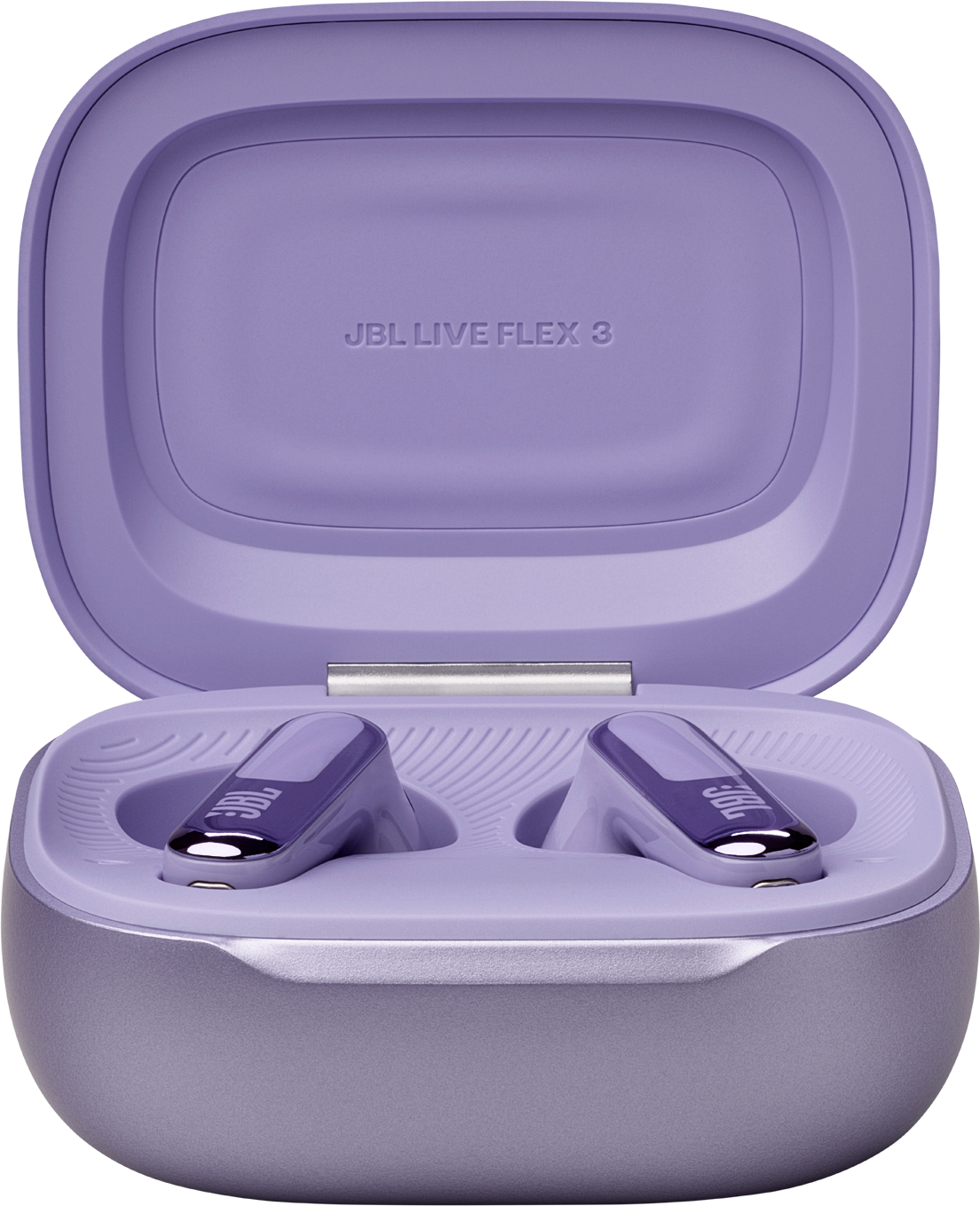 Écouteurs JBL Live Flex 3 violets dans un étui de chargement, ouverts et inclinés.