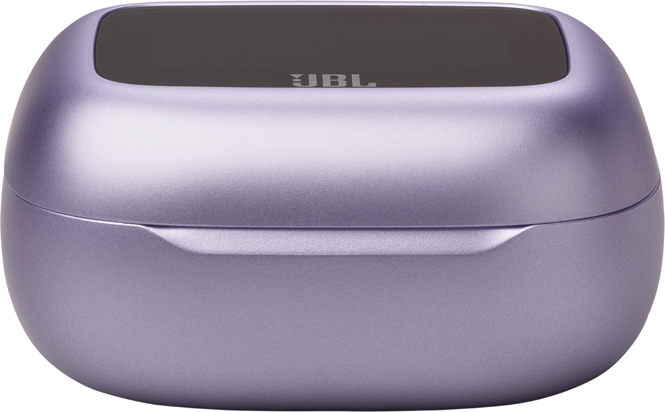 Étui de chargement des écouteurs JBL, forme arrondie, couleur pourpre, logo JBL.