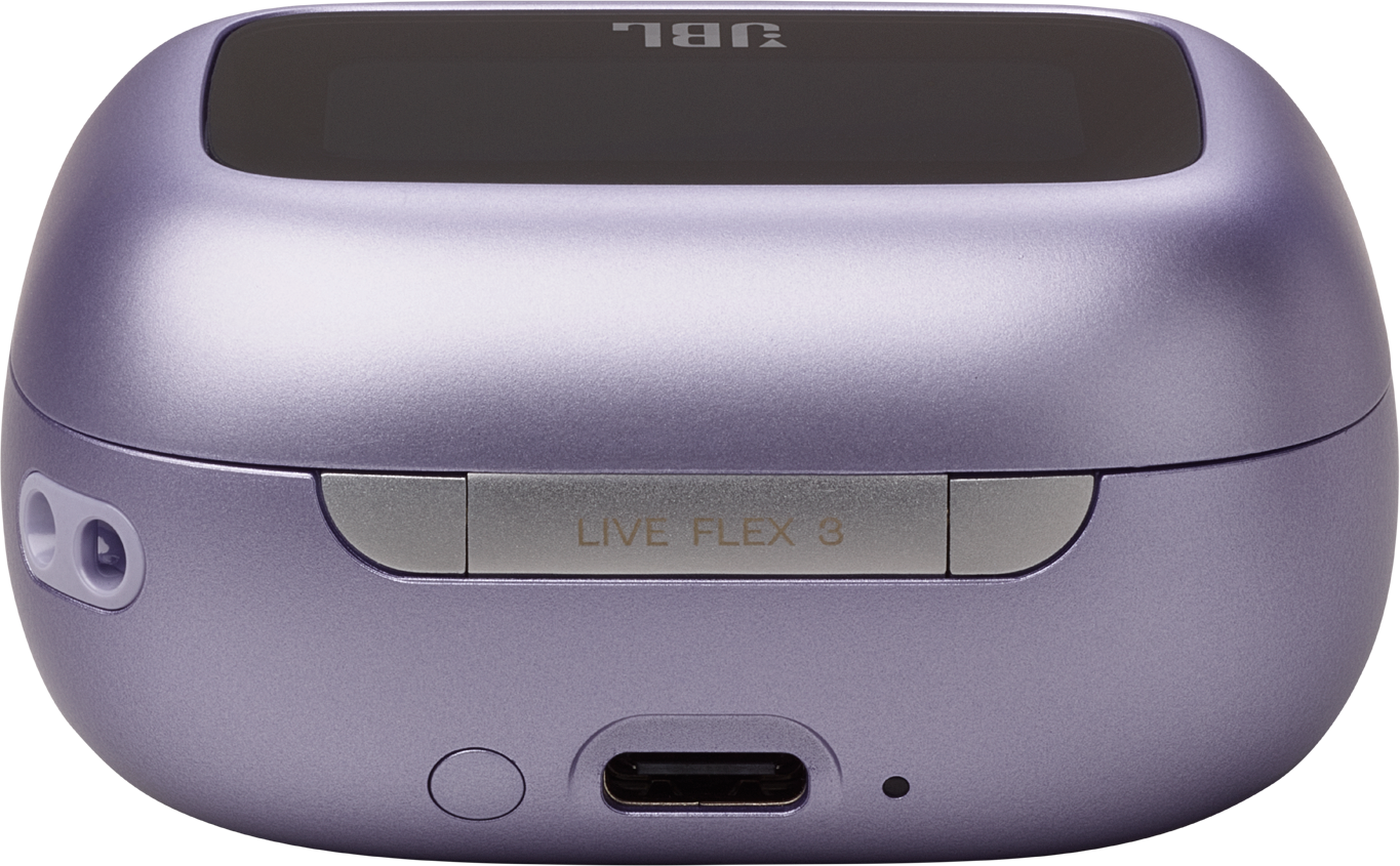 Un étui de chargement violet pour écouteurs JBL Live Flex 3, avec le nom de la marque et un port de chargement.