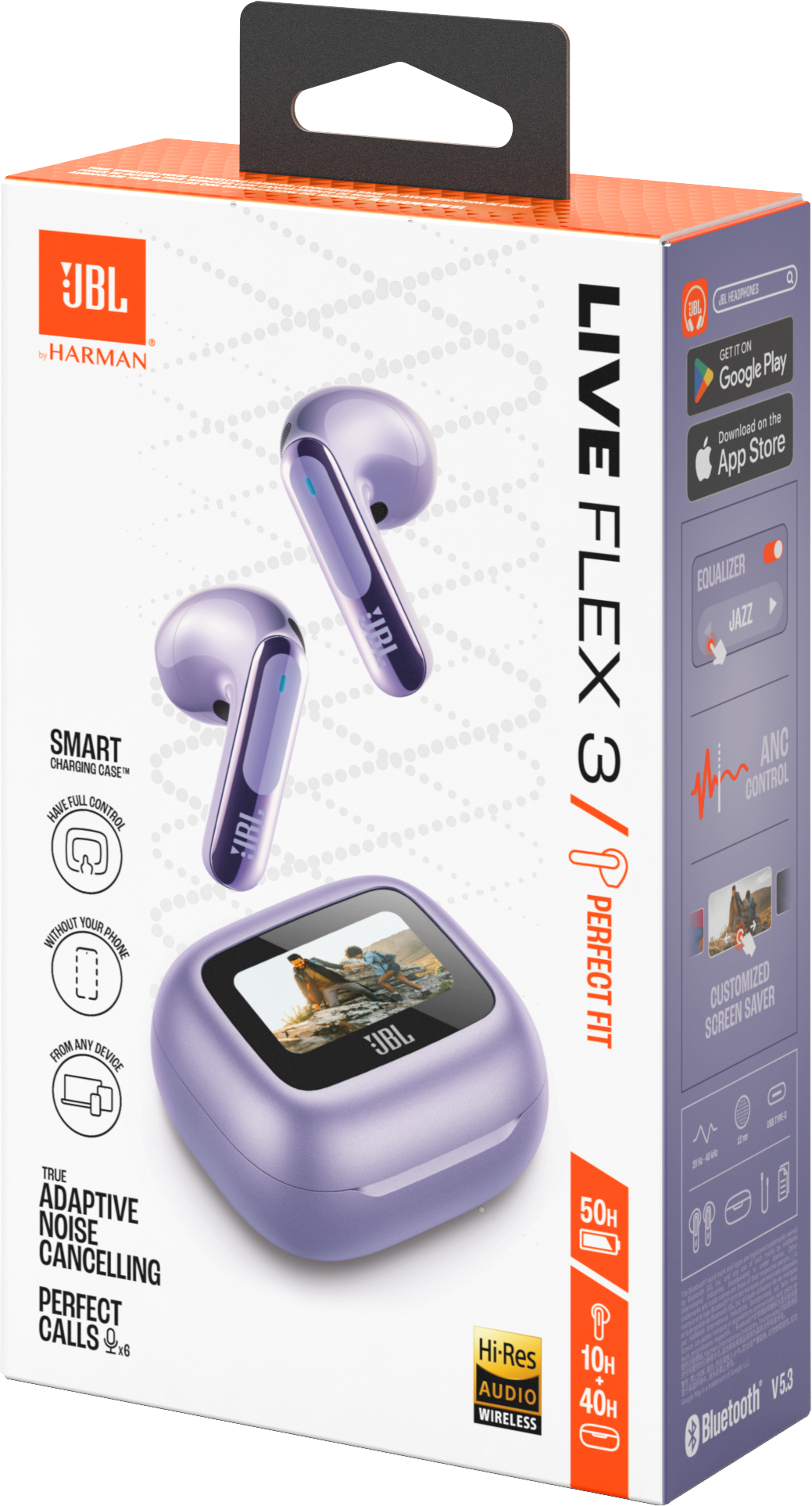 Écouteurs JBL dans un étui de chargement violet. La boîte affiche les fonctionnalités et une photo des écouteurs.