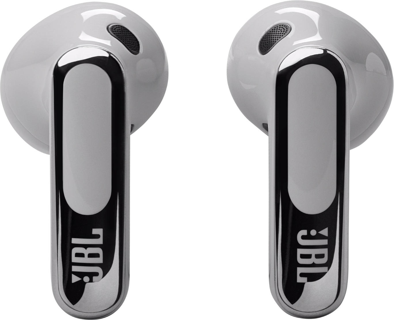 Deux écouteurs sans fil blancs. Le gauche porte le logo JBL. Fond noir.