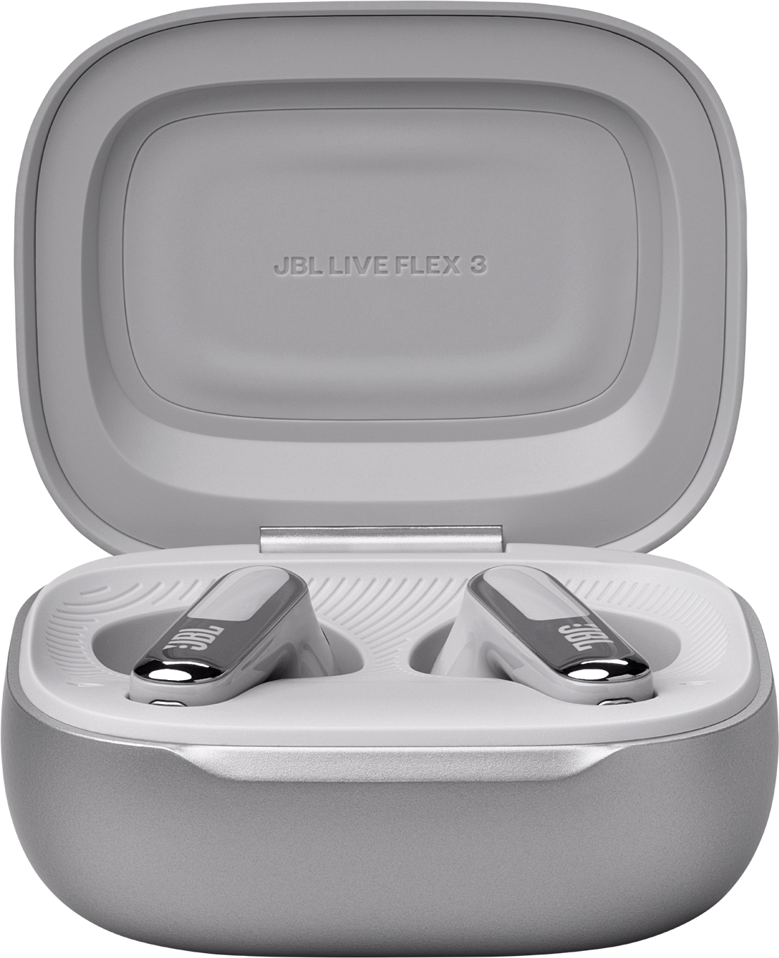 Une paire d'écouteurs JBL Live Flex 3 gris dans un étui.