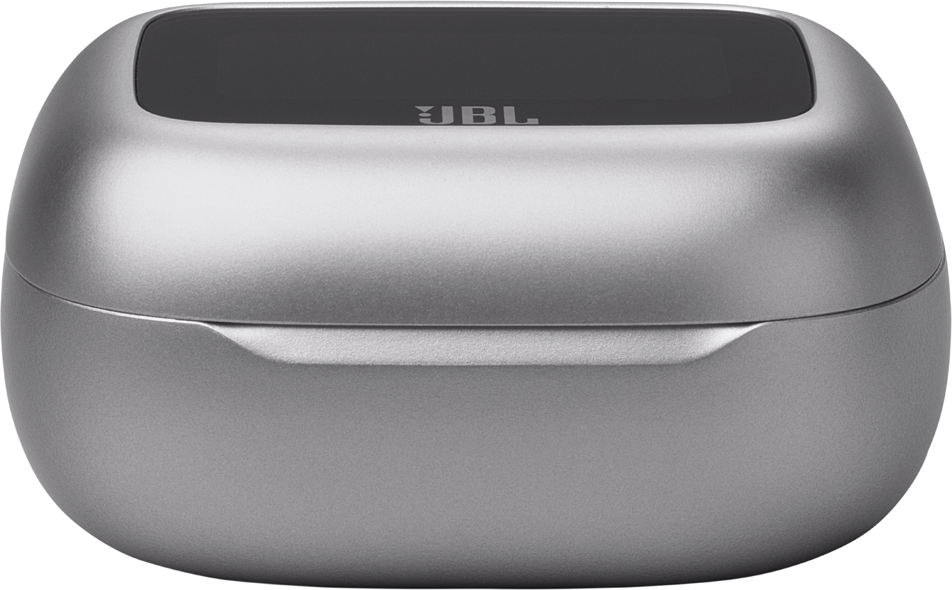 Étui de chargement JBL argenté avec un dessus noir. Le logo JBL est affiché sur le dessus.