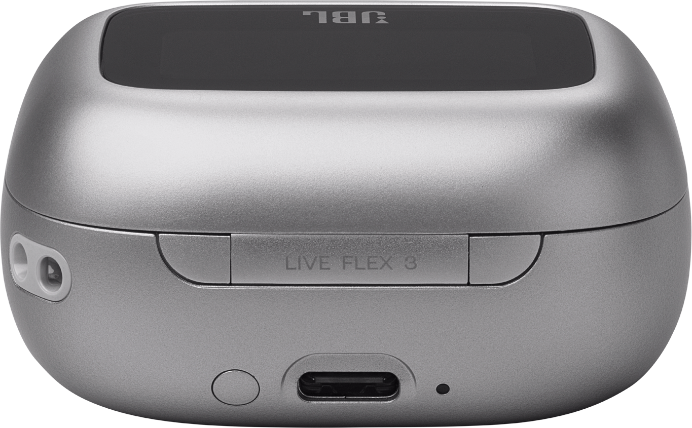 Étui de chargement argenté JBL Live Flex 3. Arrondi avec port USB-C.
