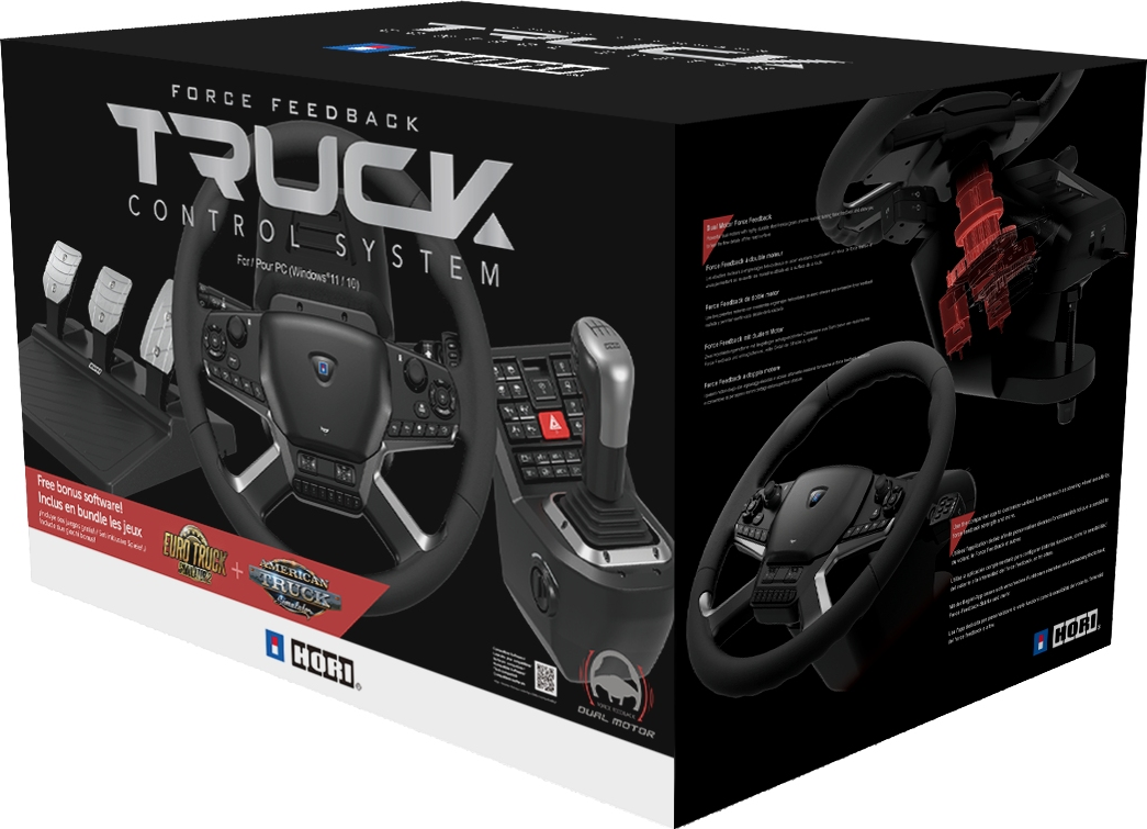 Eine LKW-Steuerungssystembox. Die Box hat Bilder des Produkts und seiner Komponenten. Schwarzer Hintergrund.