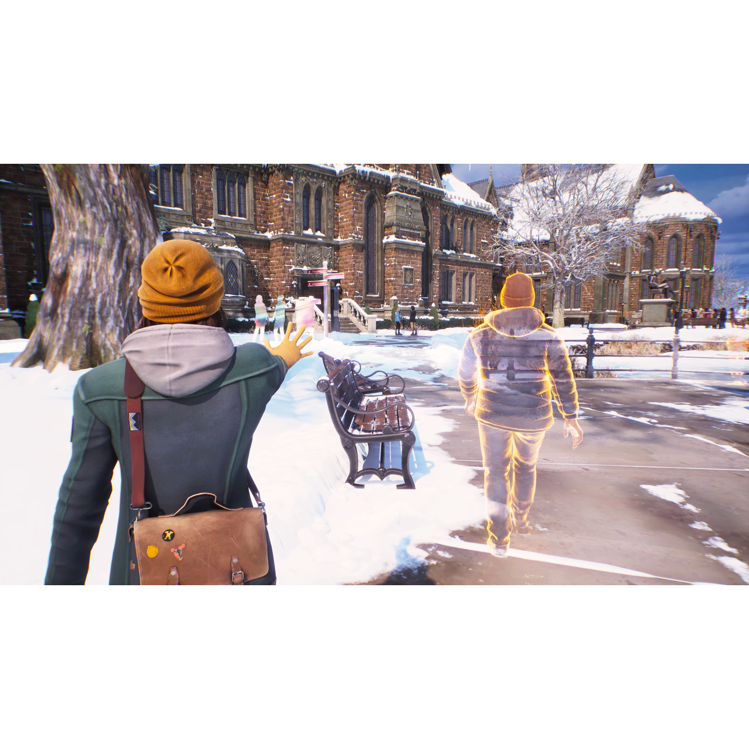 Afbeelding uit een videogame met twee figuren in een besneeuwd park. Eén figuur gloeit oranje.