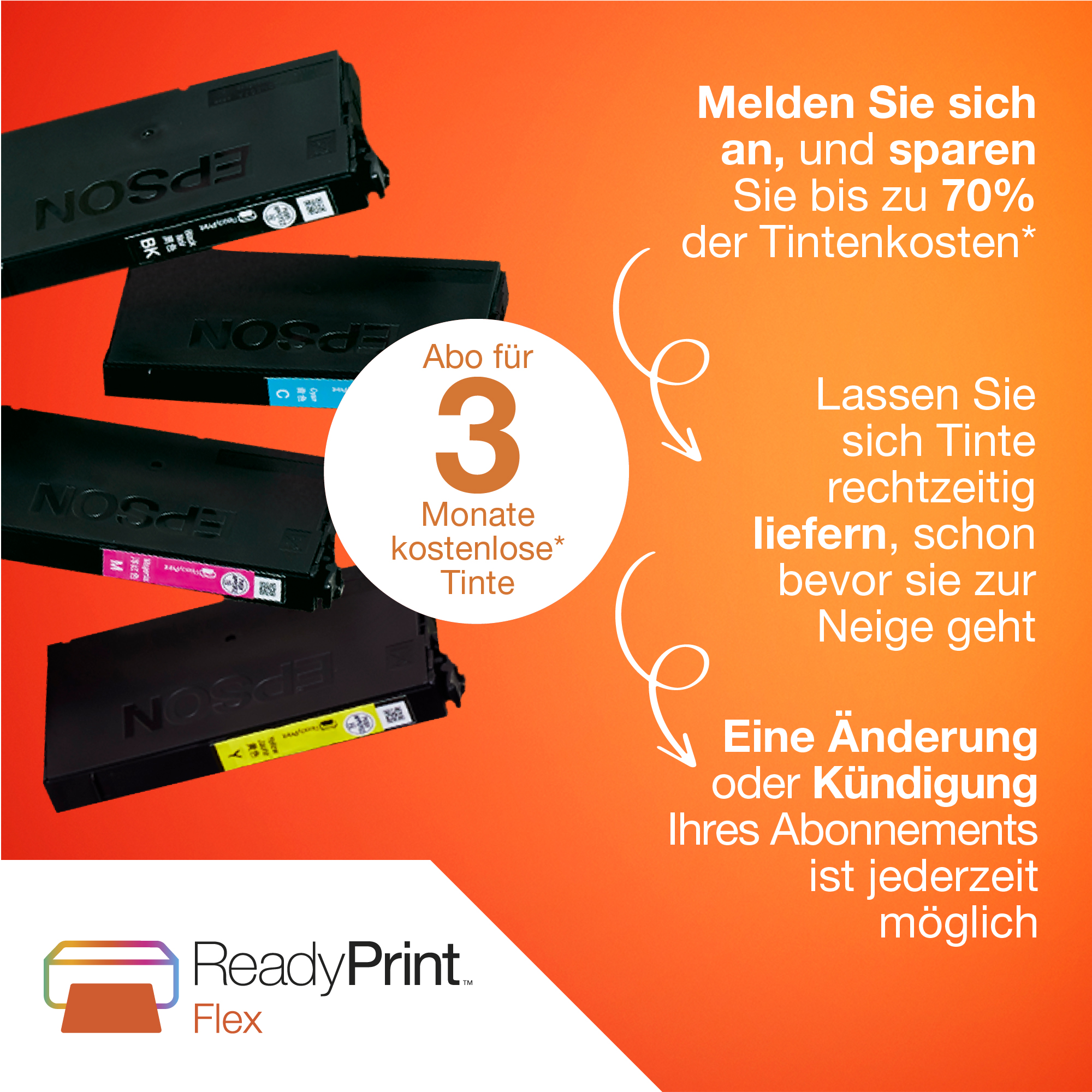 Epson-Tintenpatronen und Werbetext auf orangefarbenem Hintergrund, mit Pfeilen zum Text.