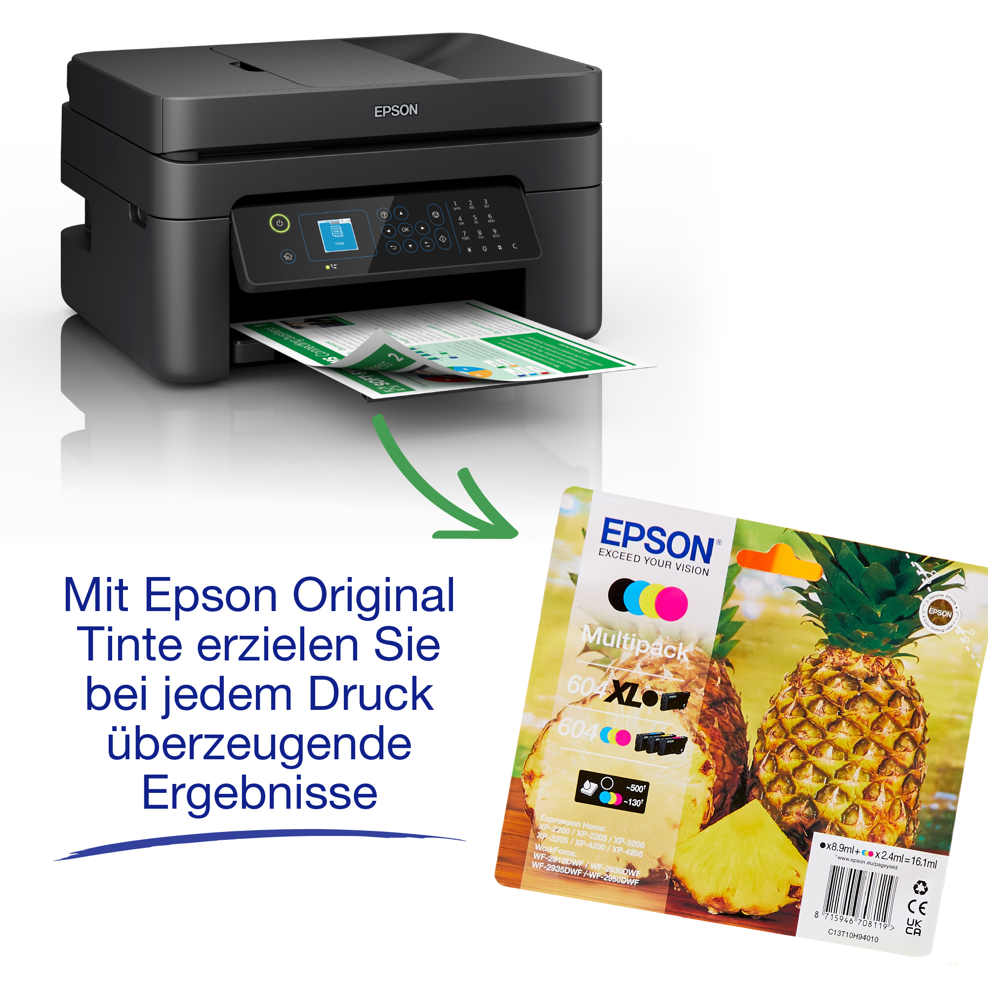 Schwarzer Epson-Drucker druckt ein Dokument. Tintenpatronen und deutscher Text im Hintergrund.