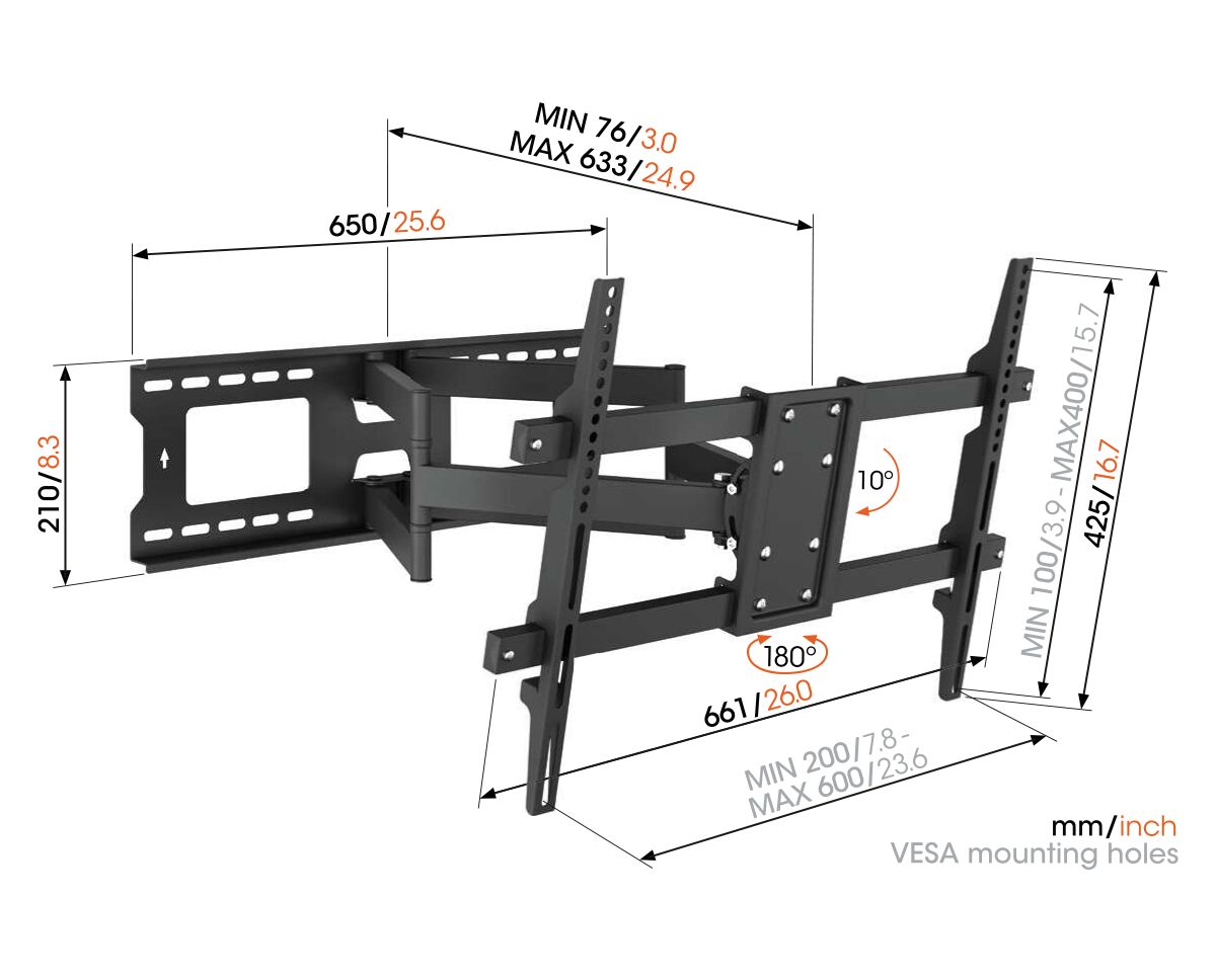 Soporte de pared para TV negro con dimensiones y medidas en mm y pulgadas.