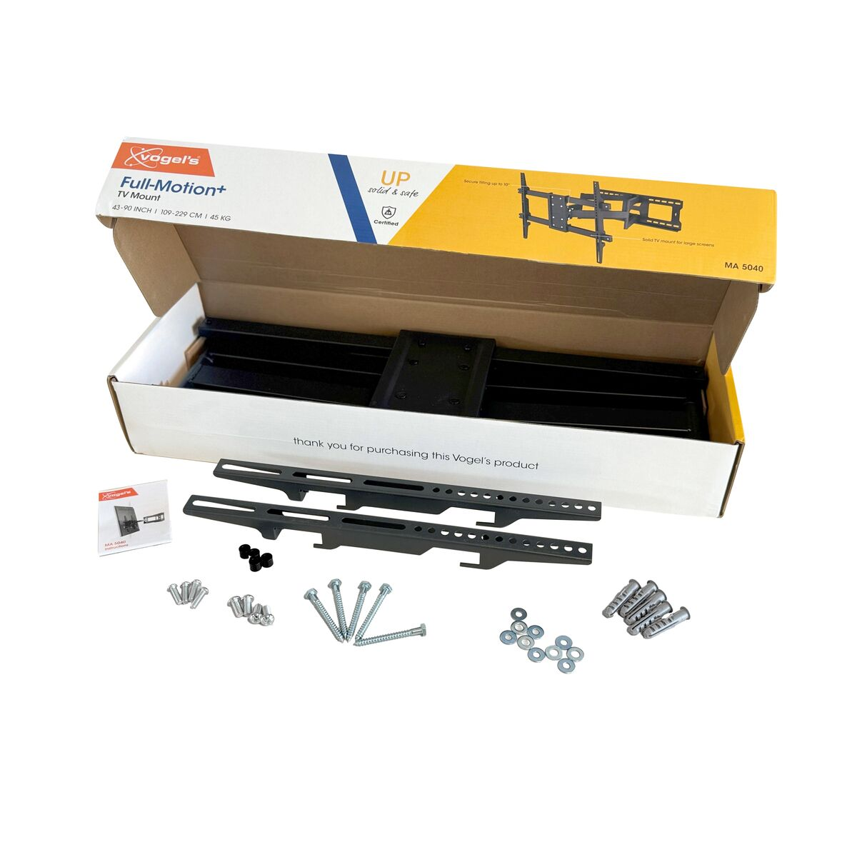 Kit de montaje de TV con caja, soportes, tornillos y manuales. Componentes metálicos negros y fondo blanco.