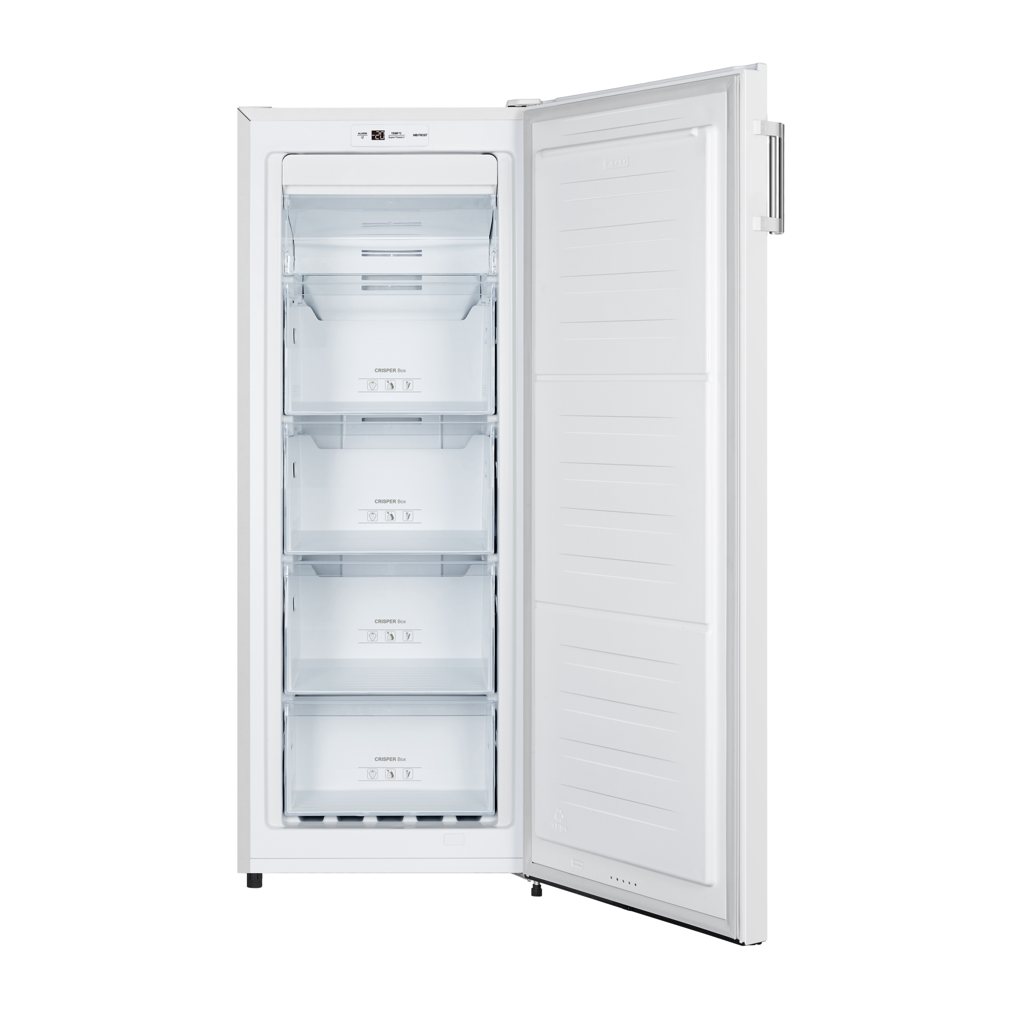 Refrigerador blanco abierto con cuatro cajones para verduras, la puerta está abierta.
