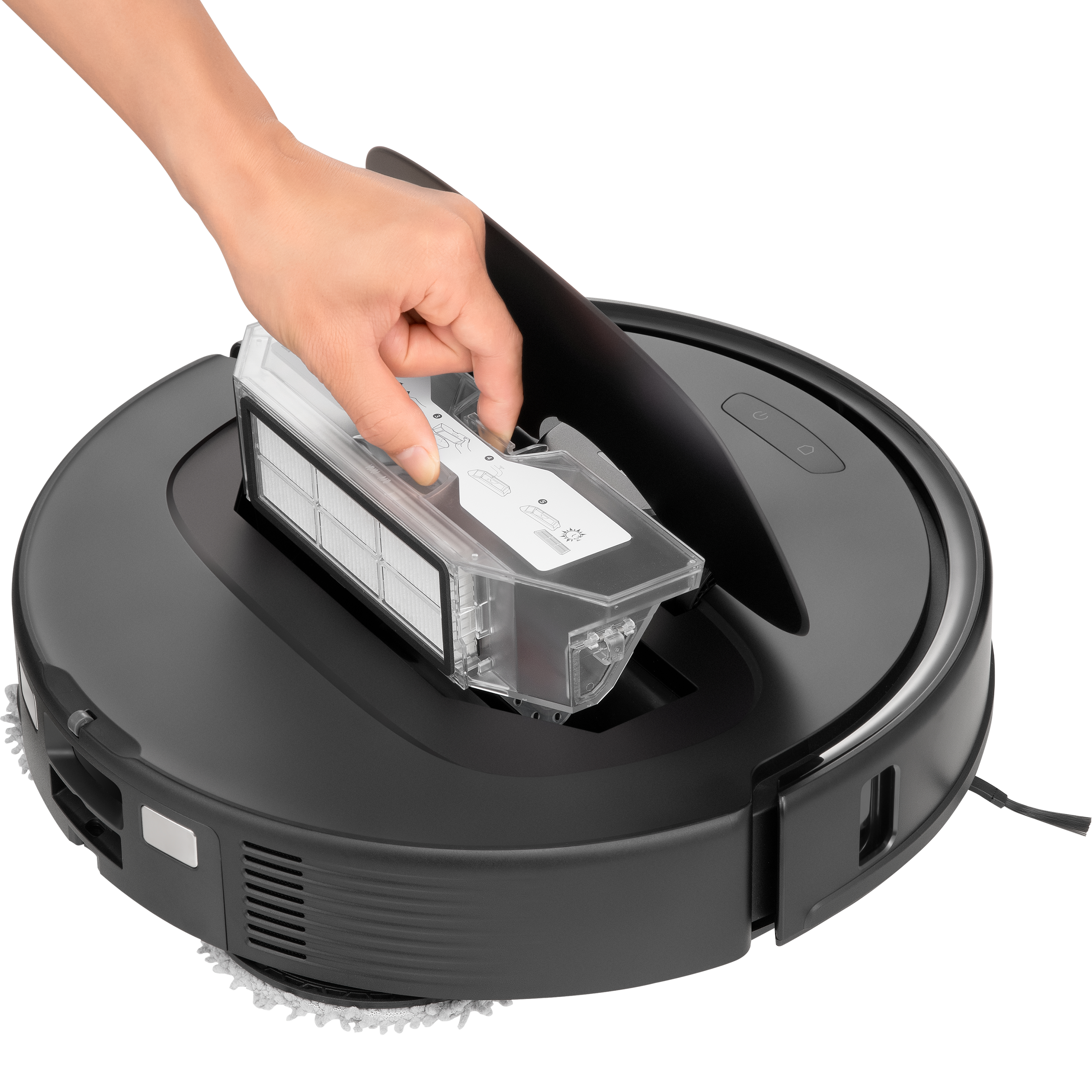 Roboter-Staubsauger, Person entnimmt einen Staubbehälter.