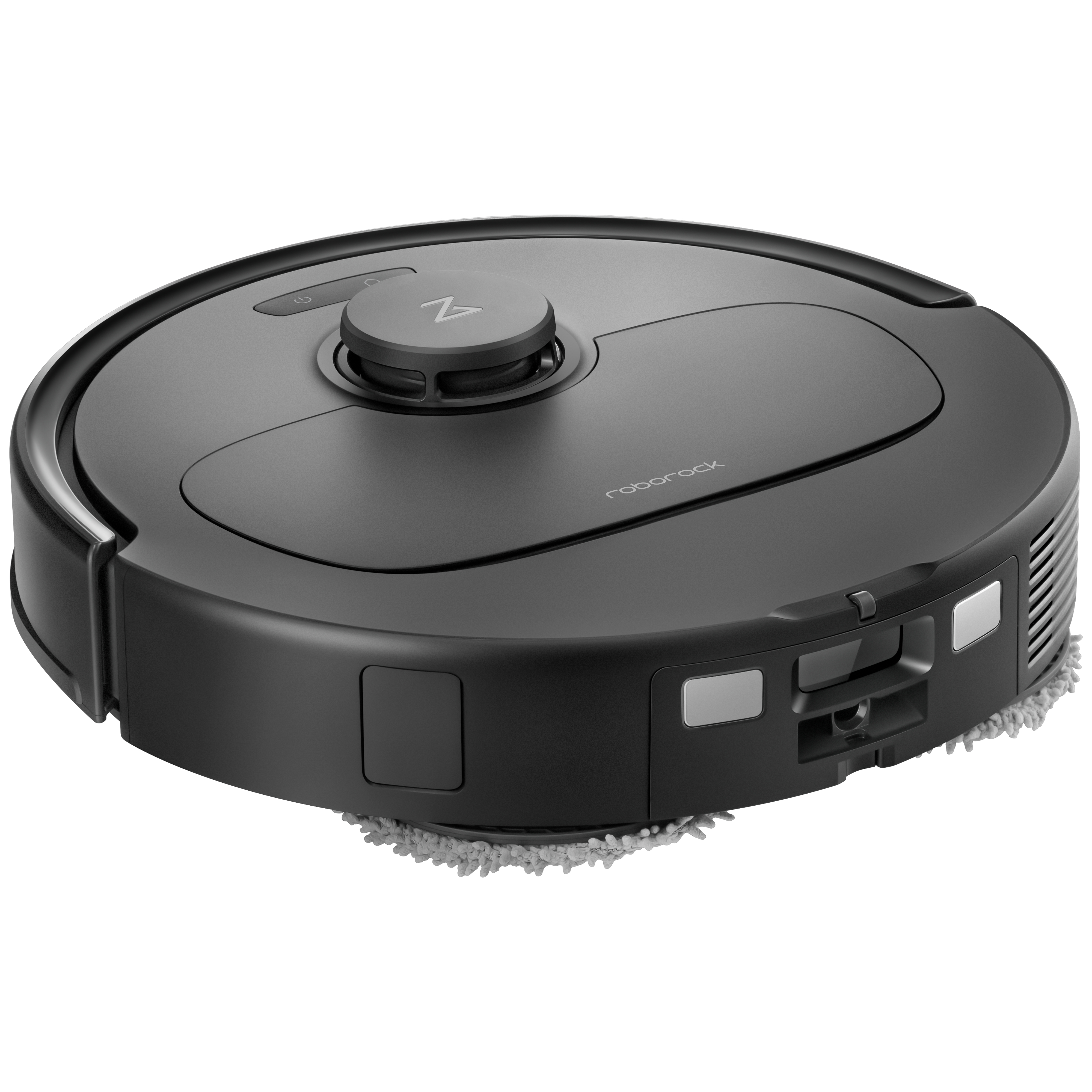 Schwarzer Roboter-Staubsauger. Er ist kreisförmig und hat einen zentralen Knopf und einen grauen Wischmopp.