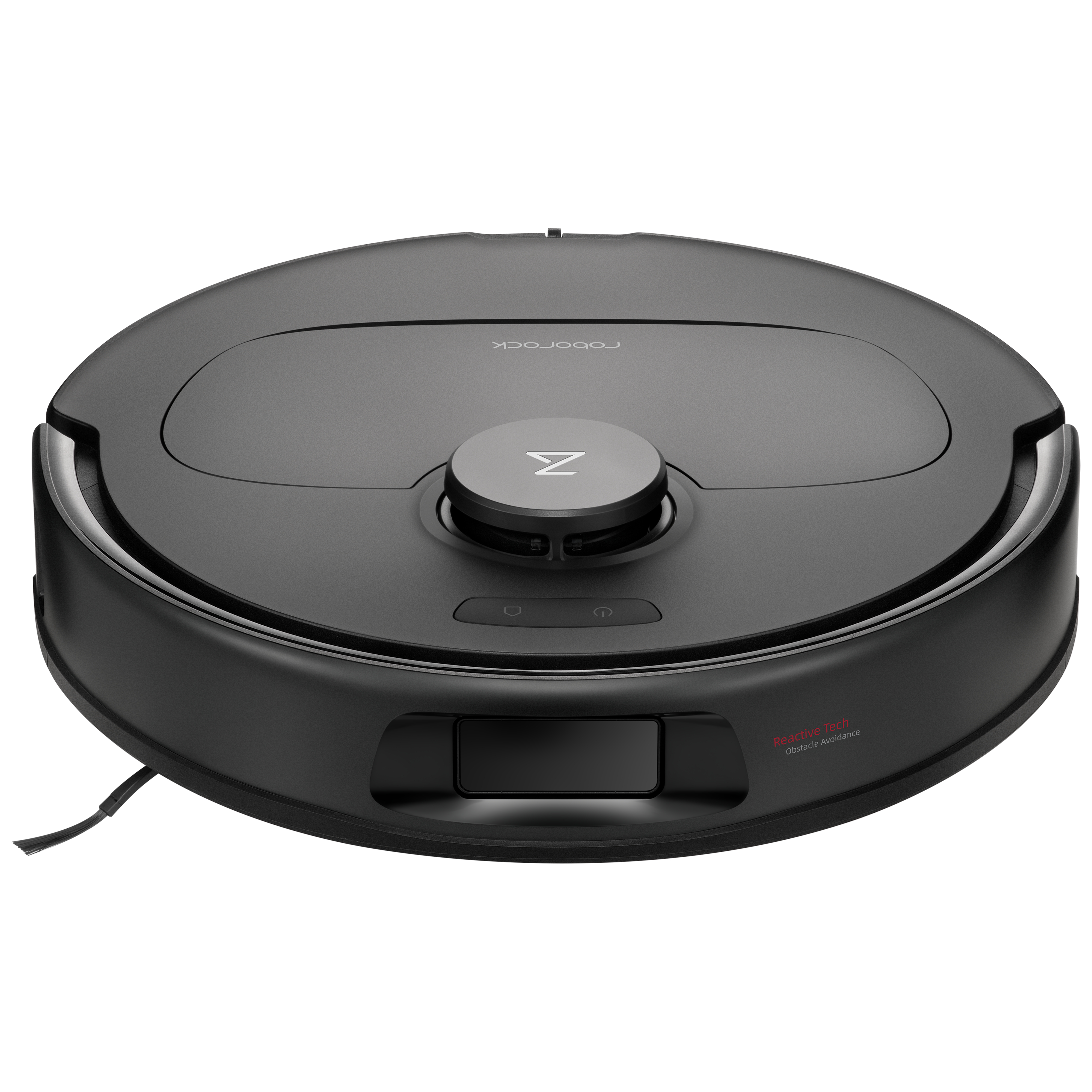 Ein schwarzer Roboter-Staubsauger. Die Oberseite hat ein rundes Design mit einem Roborock-Logo.