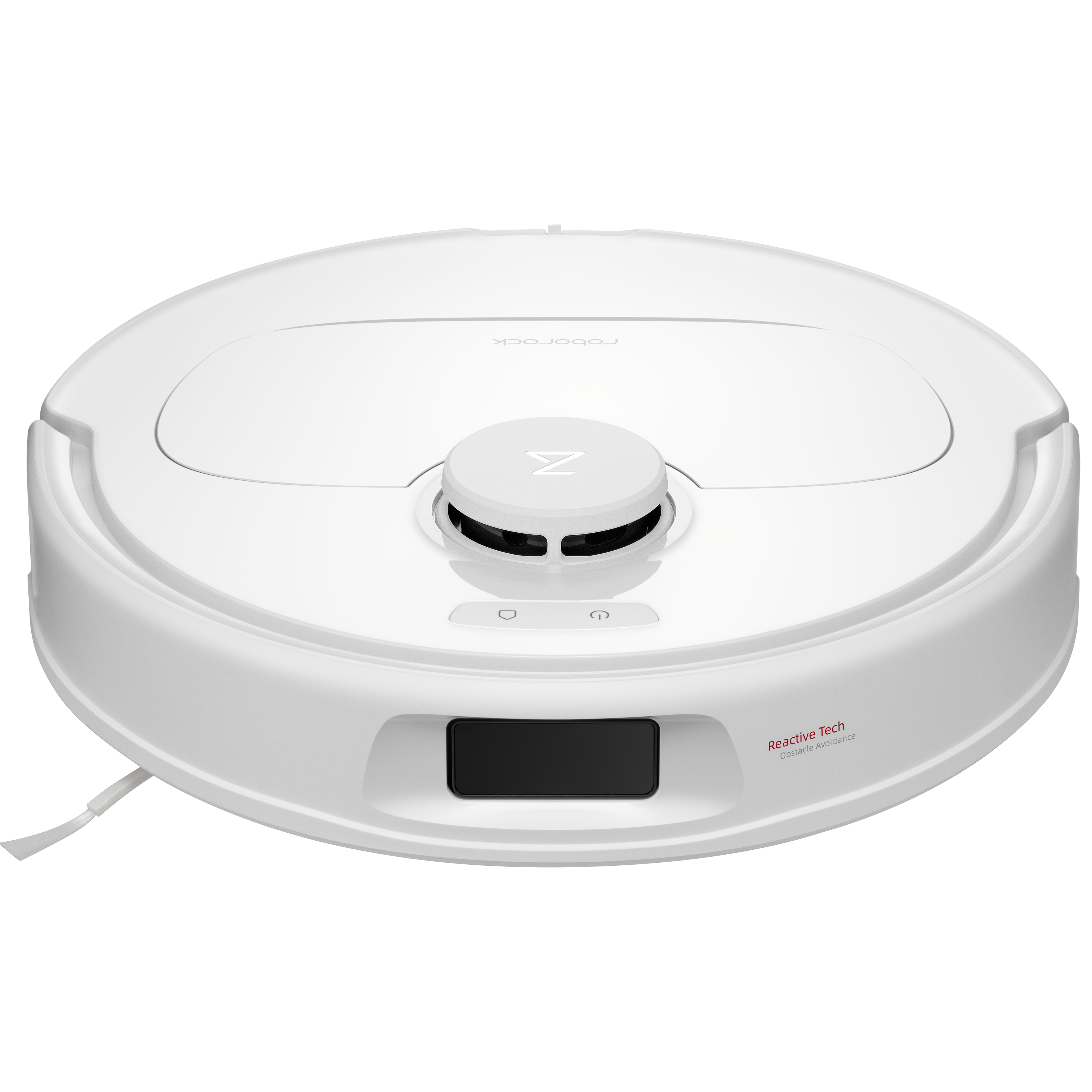 Weißer Roborock Roboter-Staubsauger. Draufsicht, mit schwarzem Mittelelement und Logo.
