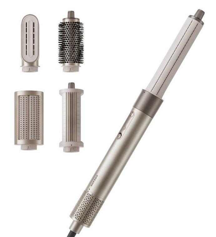 Narzędzie do stylizacji włosów z nasadkami. Jest srebrne i złote.