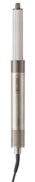 Srebrne narzędzie do stylizacji włosów z obrotową szczotką i czarnym przewodem zasilającym.