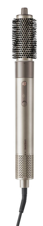 Srebrna szczotka do stylizacji włosów z okrągłą główką i uchwytem z elementami sterującymi.