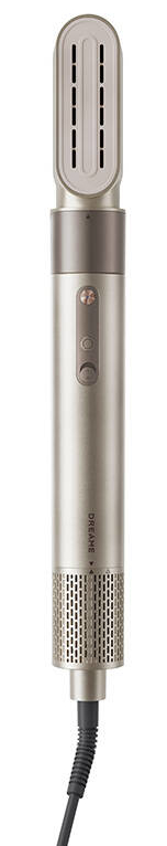 Złota suszarka do włosów z otworami wentylacyjnymi i przyciskami, z czarnym kablem i małą dyszą.