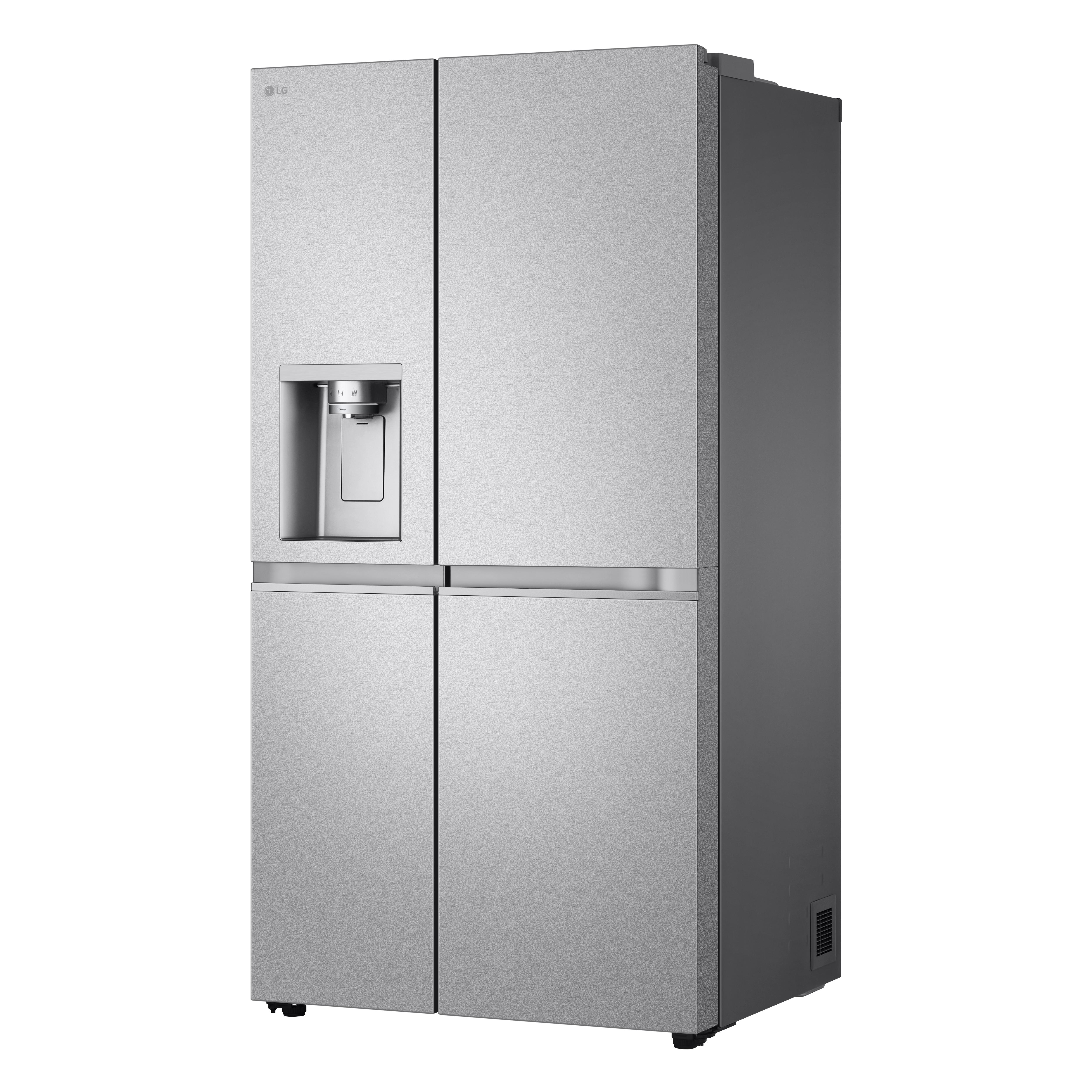 LG silberfarbener Side-by-Side-Kühlschrank. Wasserspender an der linken Tür.