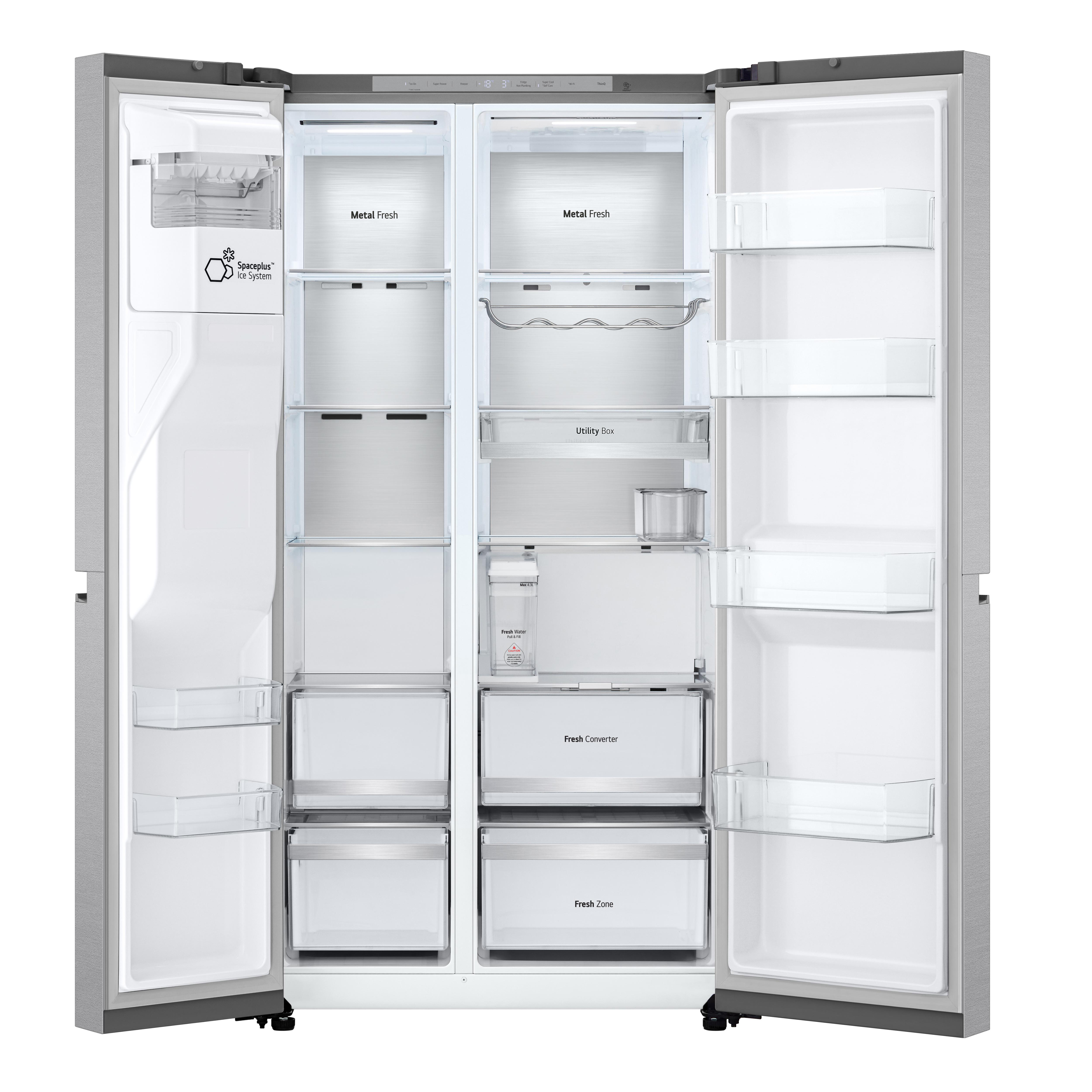 Offener Edelstahl-Kühlschrank, der Regale, Schubladen und Staufächer zeigt.