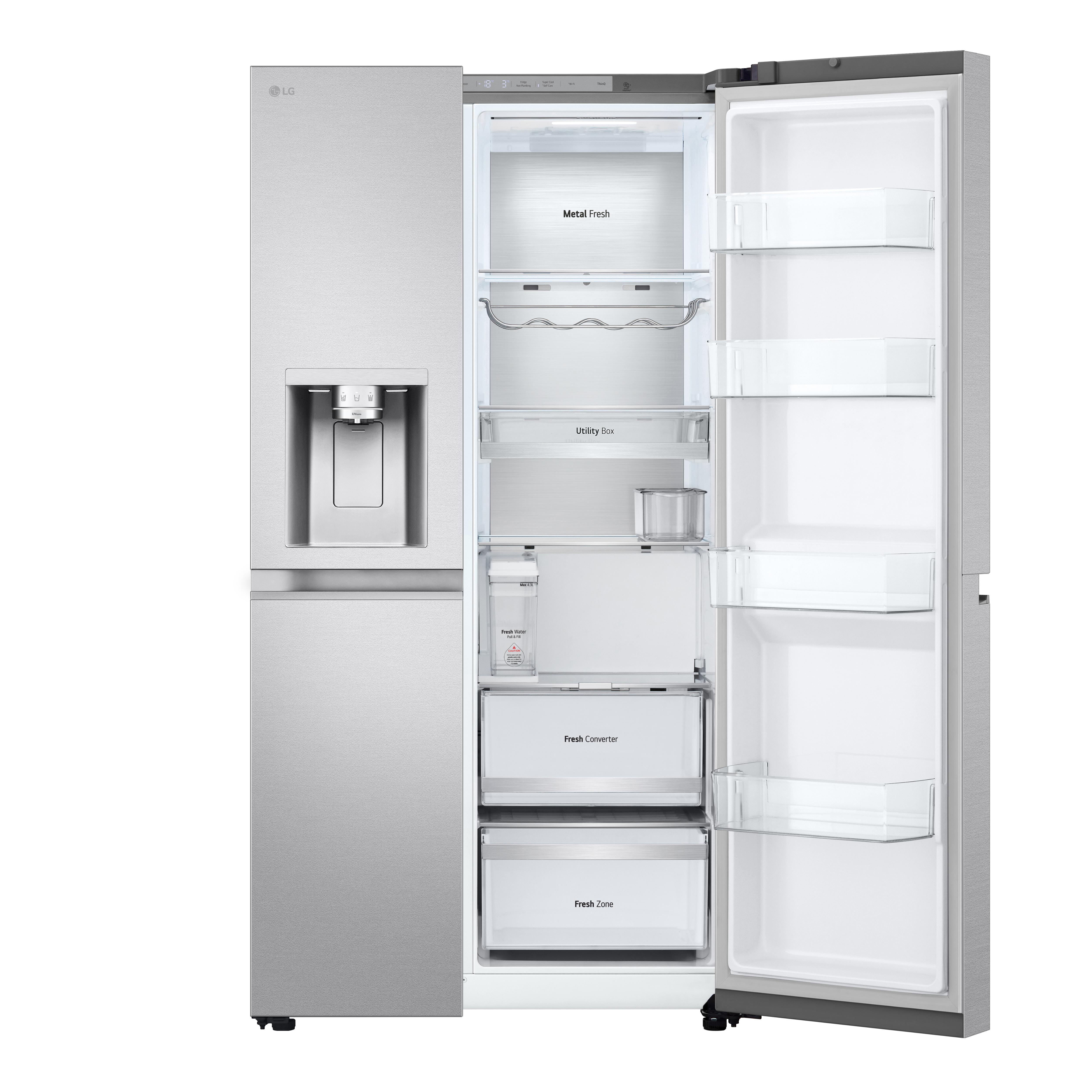 Edelstahl-LG-Kühlschrank mit offener Tür, die Regale und Fächer zeigt.