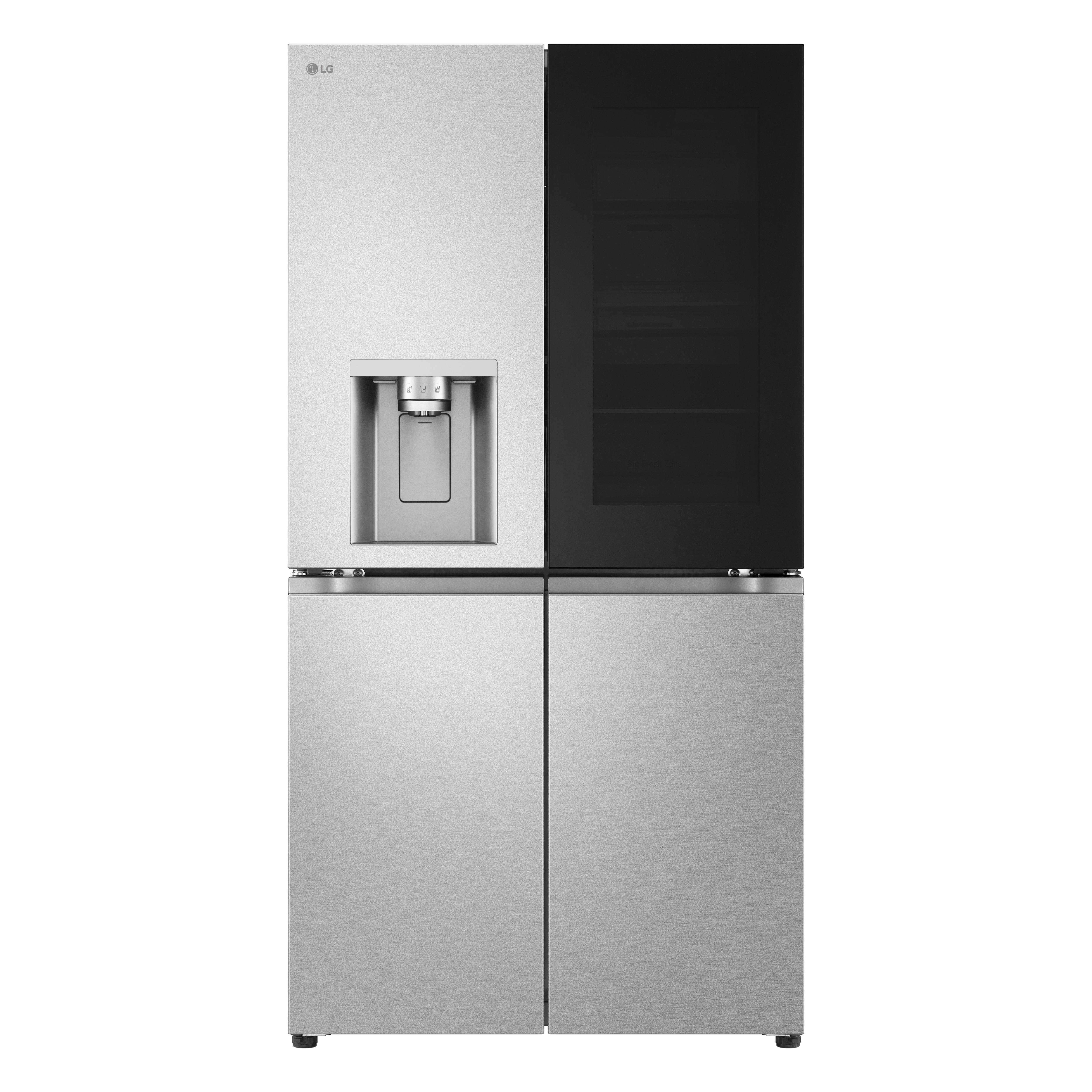 LG-Kühlschrank mit vier Türen; zwei silberne, eine schwarze und eine mit Wasserspender.