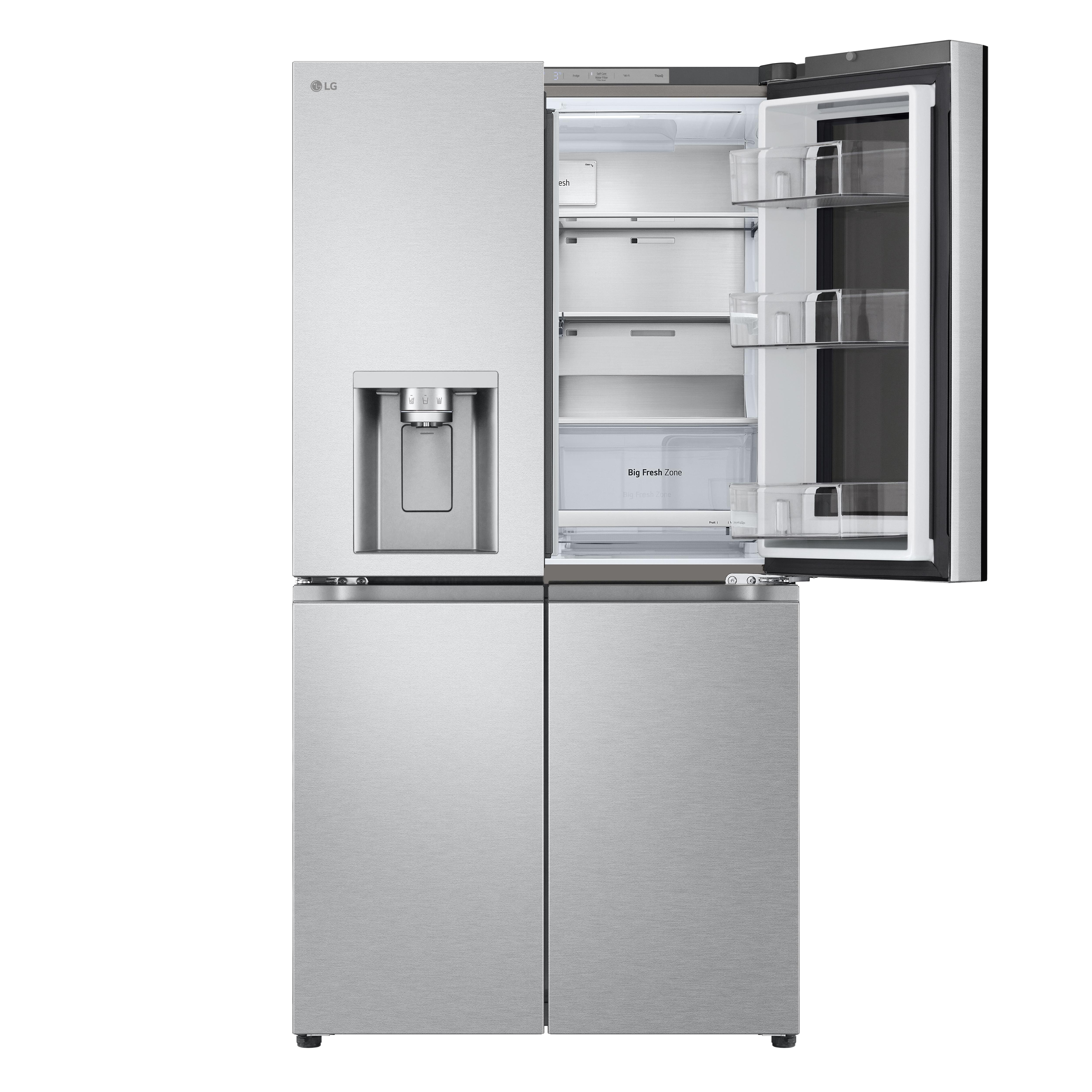 Edelstahl LG Kühlschrank mit geöffneten Türen.