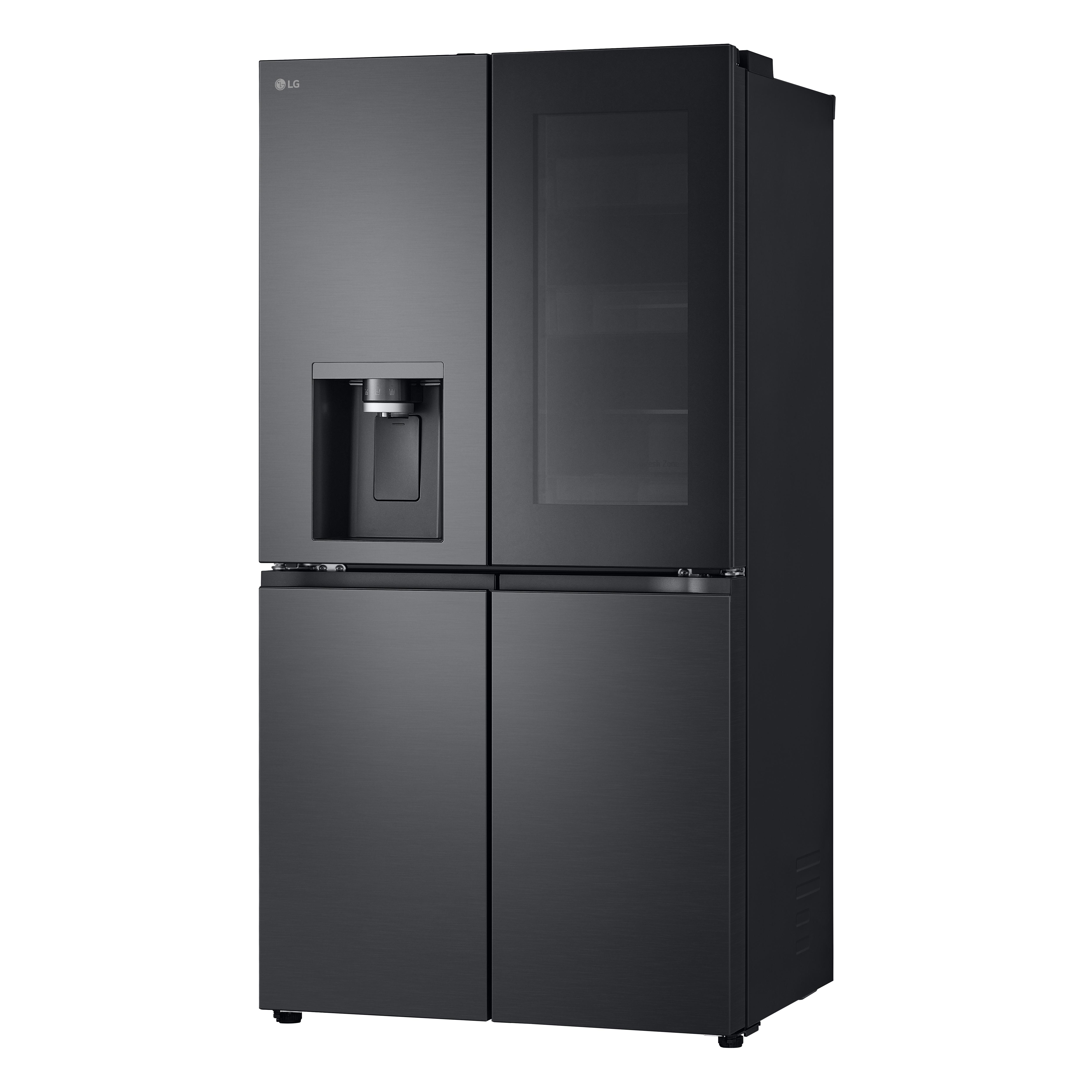 Schwarzer LG Kühlschrank mit mehreren Türen und Wasserspender.