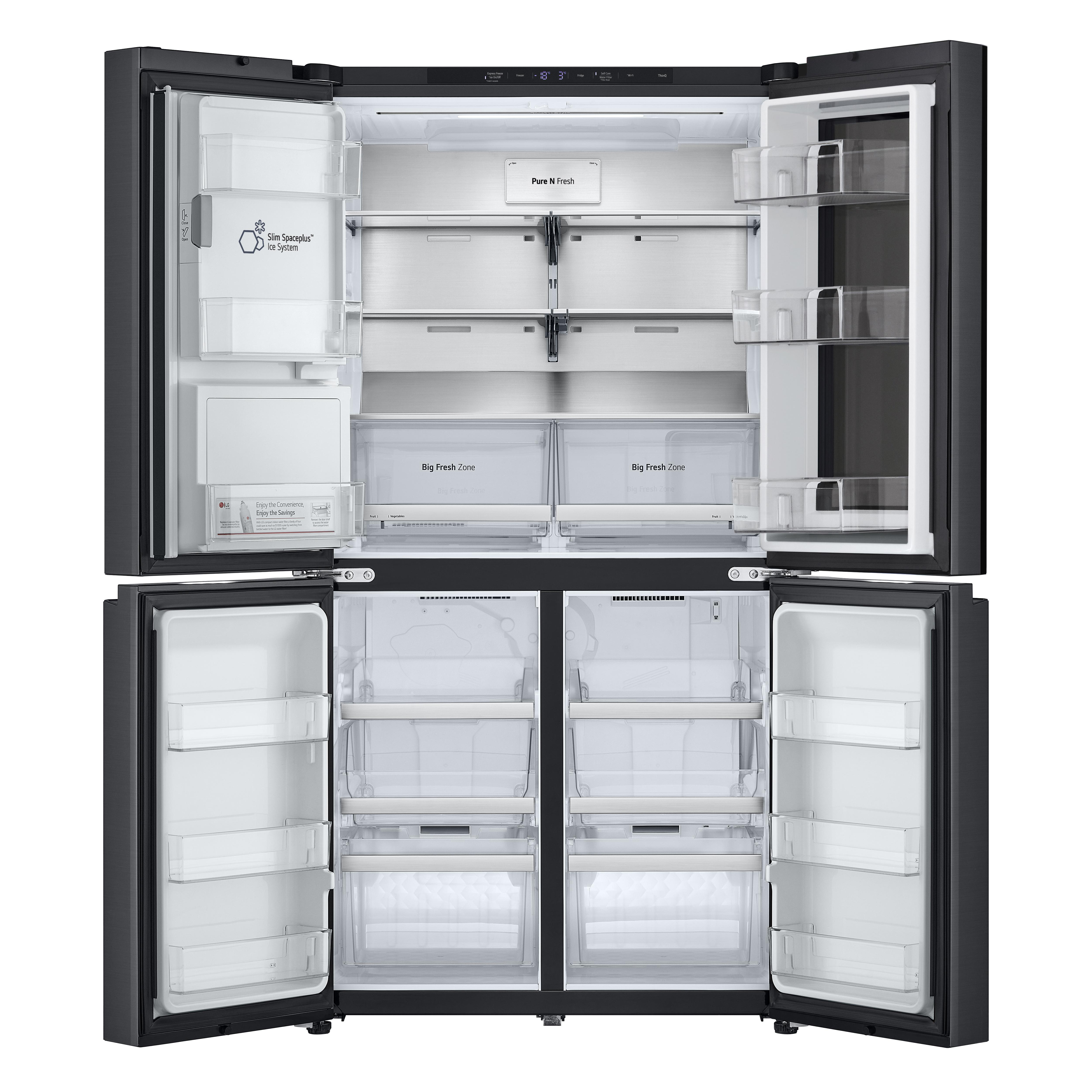 Offener Kühlschrank mit mehreren Regalen und Schubladen. Türen sind offen, zeigen das Innere.