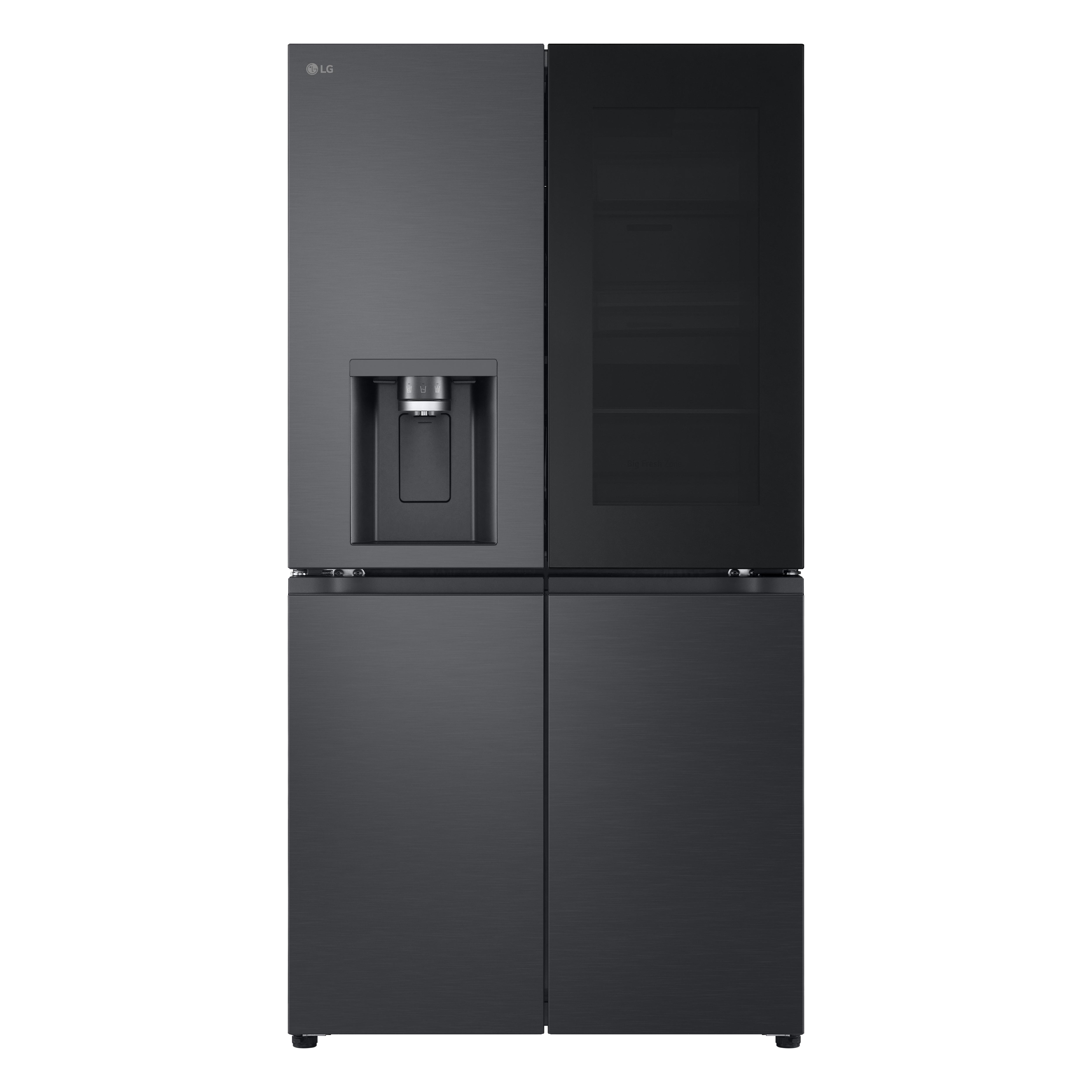 Schwarzer Kühlschrank mit vier Türen und Wasserspender.