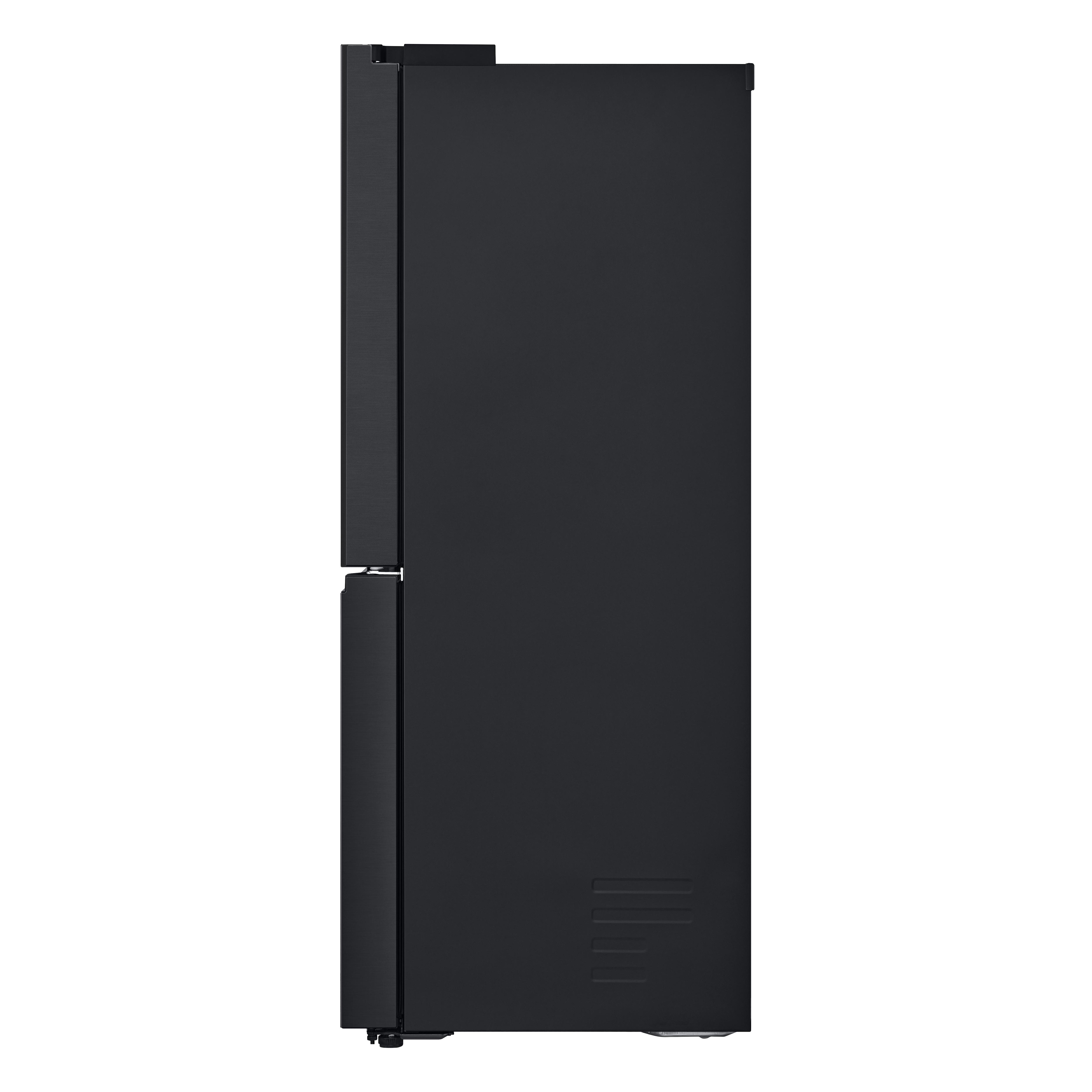 Seitenansicht eines schwarzen LG-Kühlschranks, mit schlichtem Design.