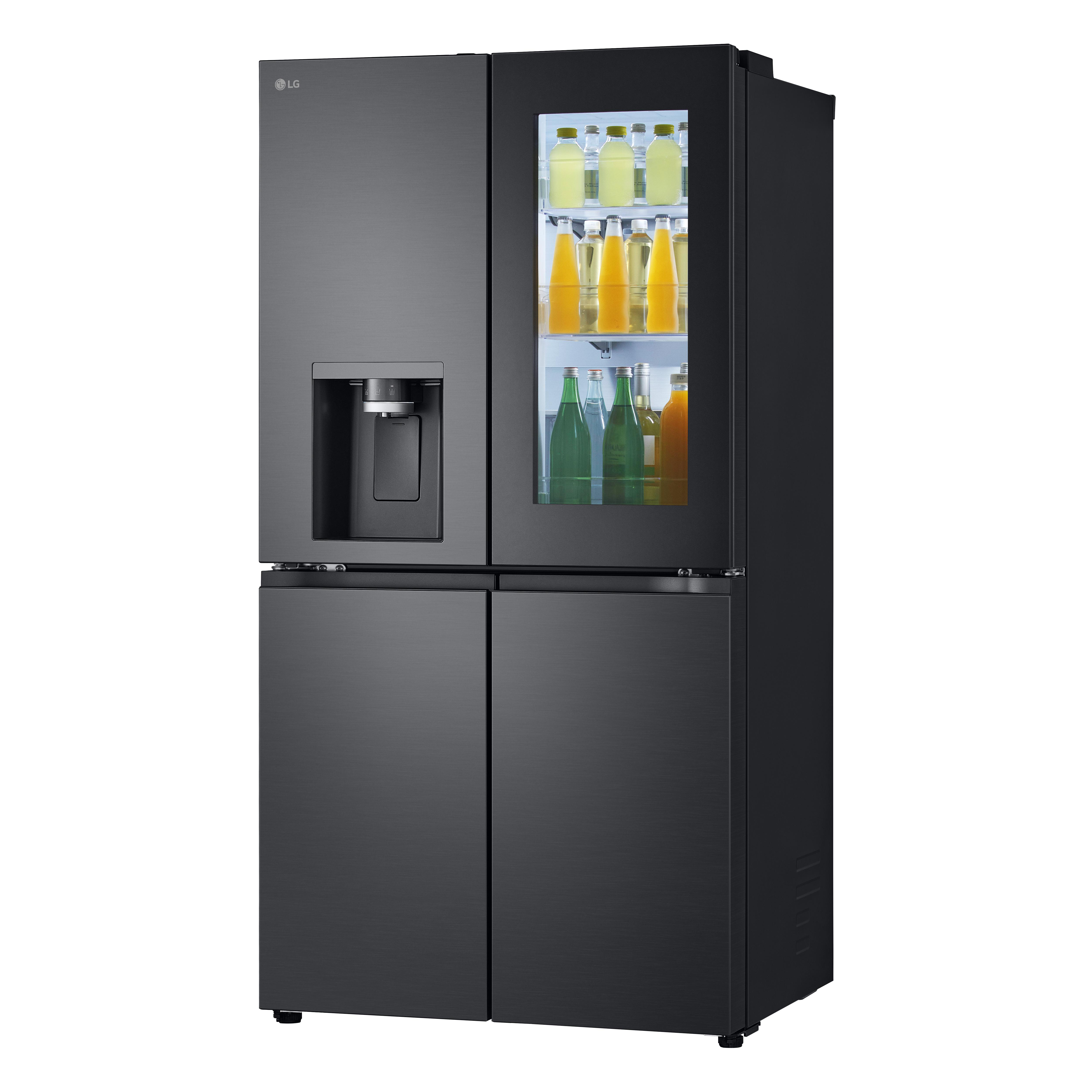 Schwarzer LG-Kühlschrank mit Glastür, Getränken, Wasserspender und vier Türen.