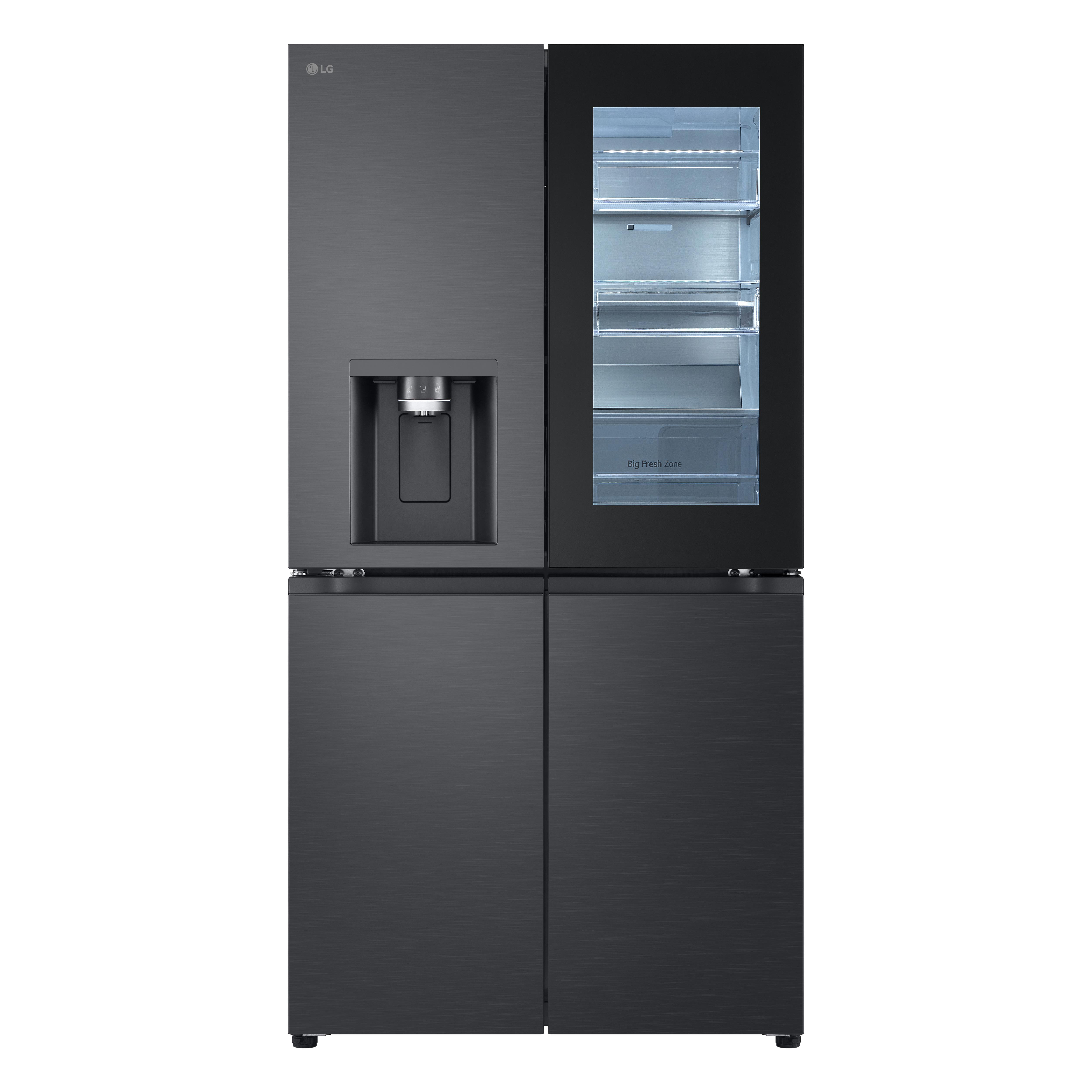 Ein schwarzer LG-Kühlschrank mit französischen Türen und einem Wasserspender.