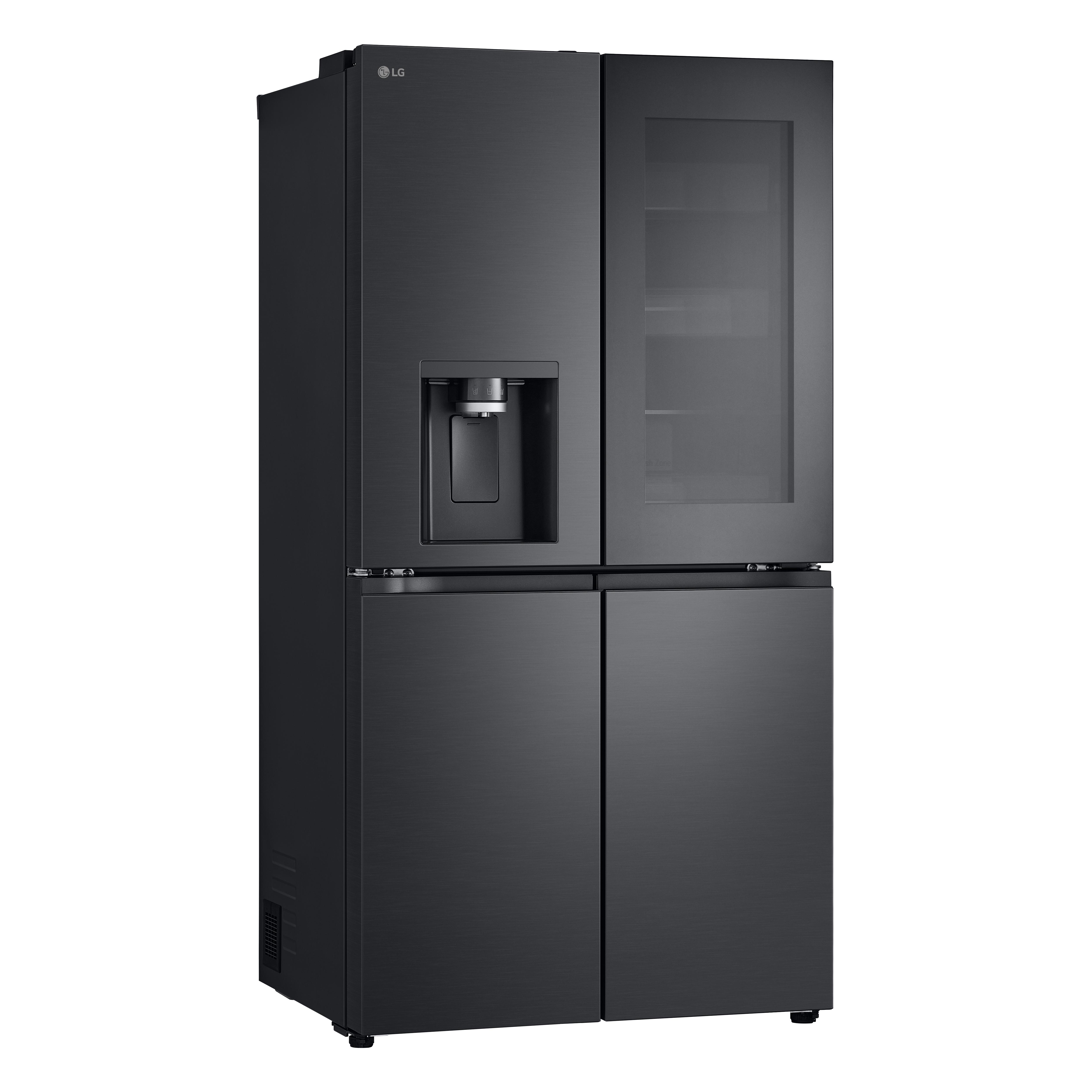 Schwarzer LG Kühlschrank mit vier Türen. Wasserspender links und Glastür rechts.