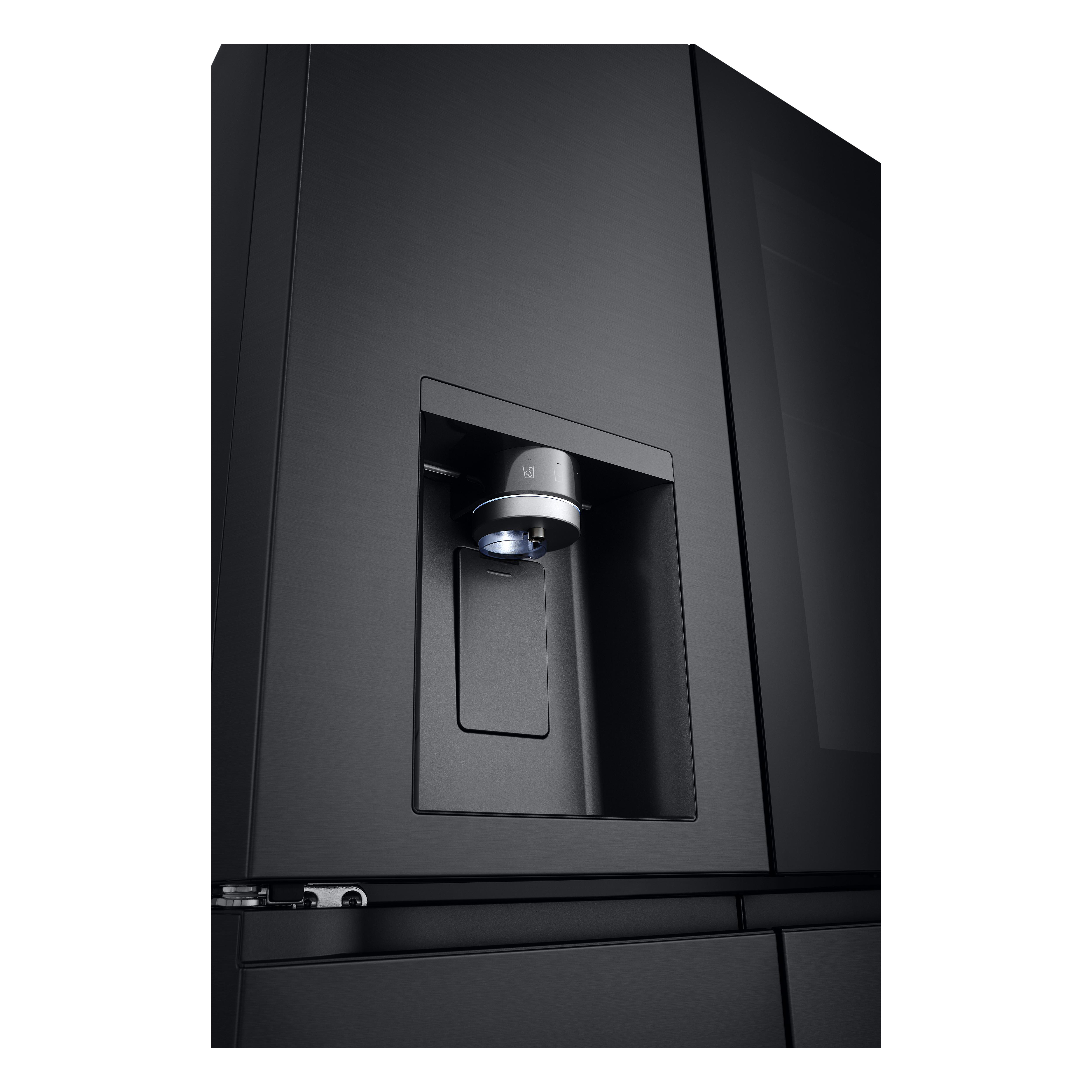 Ein schwarzer Kühlschrank mit Wasserspender und einem eleganten, modernen Design.