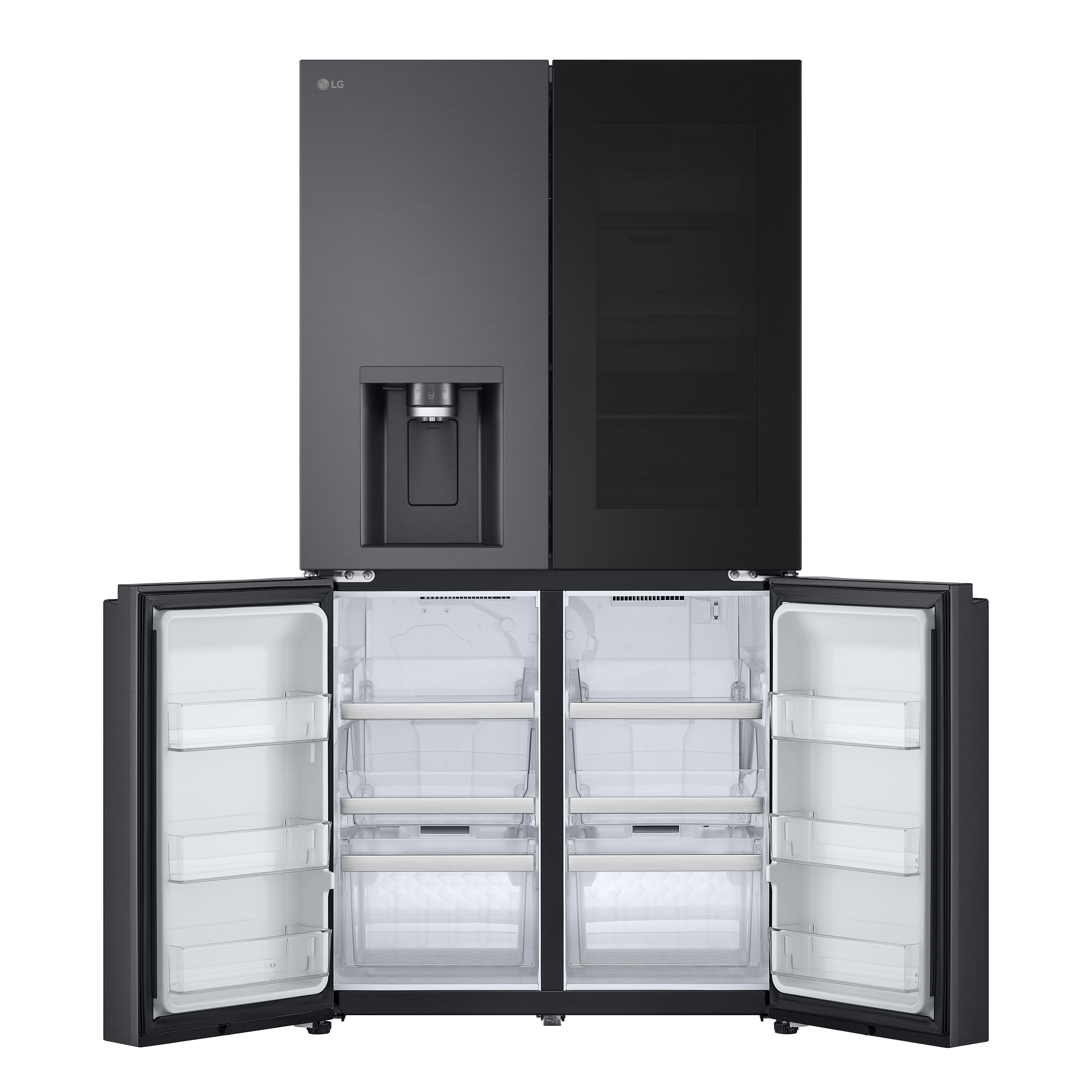 Schwarzer LG-Kühlschrank mit vier geöffneten Türen. Der Innenraum hat Regale und Schubladen.