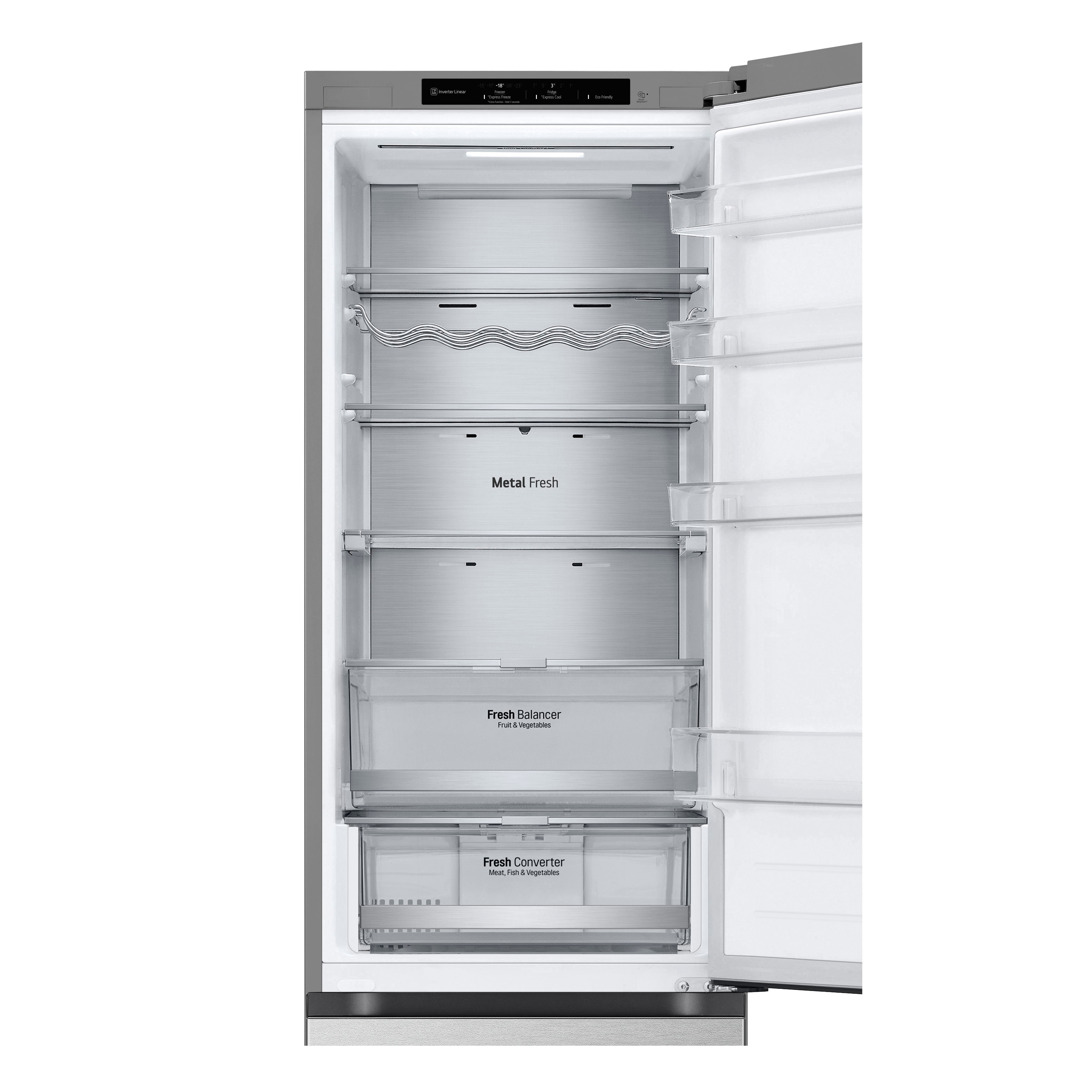 Offener Kühlschrank mit Regalen und Fächern. Metall und klarer Kunststoff. Weißer Hintergrund.