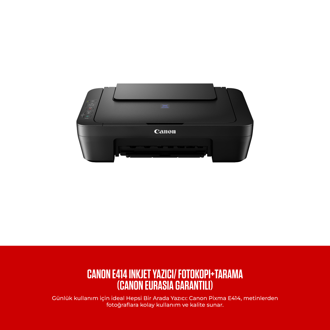 Siyah Canon yazıcı. Alt kısımda beyaz metinli kırmızı afiş. Beyaz arka plan.