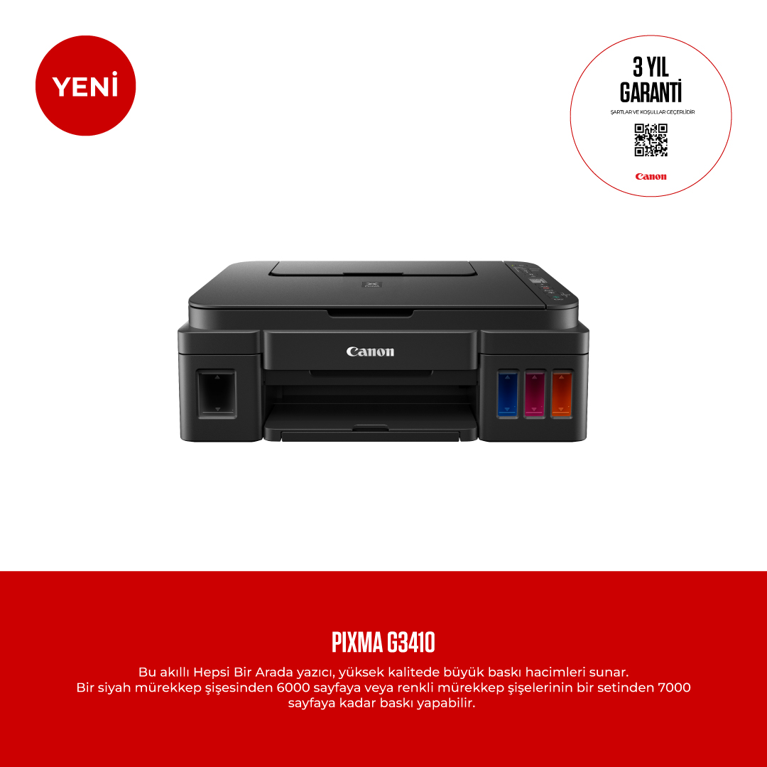 Mürekkep tanklı Canon PIXMA G3410 yazıcı, siyah gövde ve beyaz zemin.